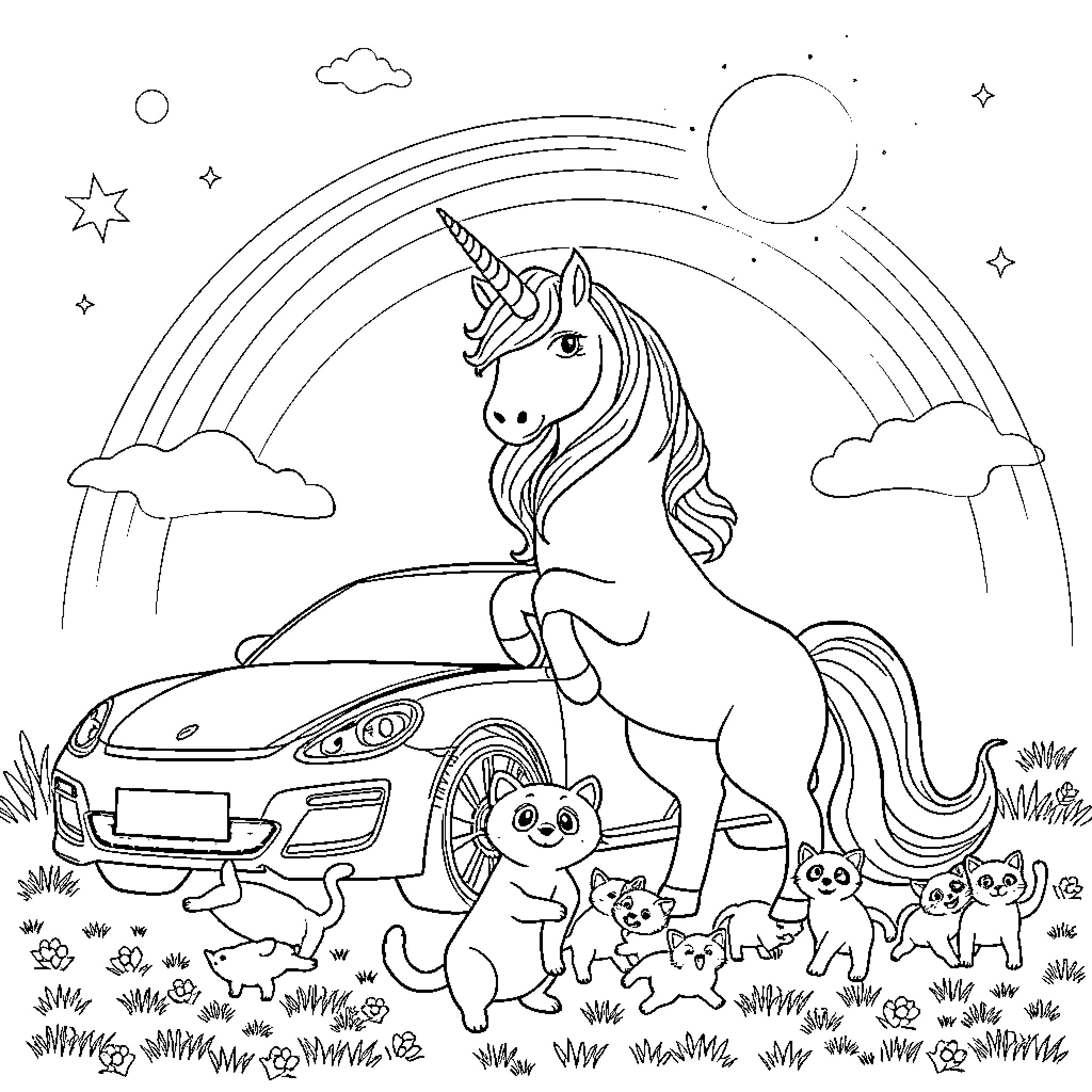 Unicorn riding a magical car with animal friends Coloring Page (free black-and-white line drawing printable PDF for all, from beginners to advanced learners, including children, teens, adults, and seniors)