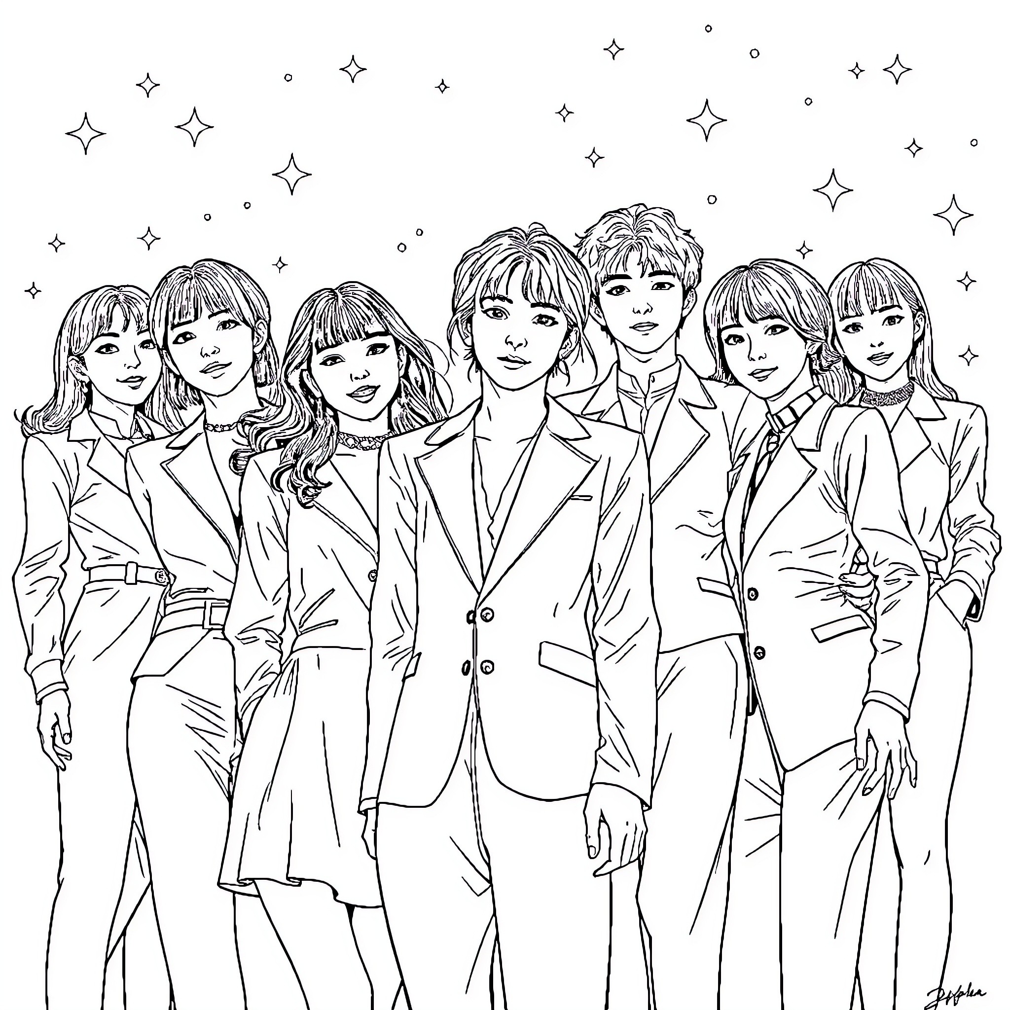 K Pop Group Posing in Formal Outfits under Starry Sky Coloring Page (free black-and-white line drawing printable PDF for all, from beginners to advanced learners, including children, teens, adults, and seniors)