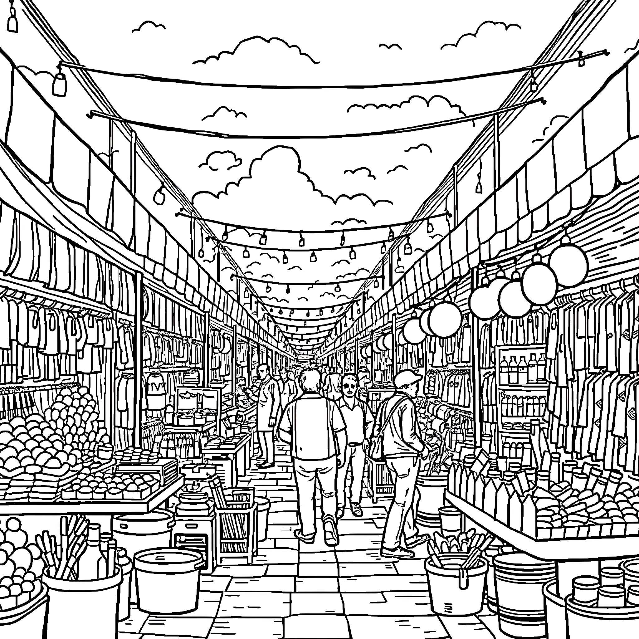 Flea Market: Bustling with Vendors and Shoppers Coloring Page (free black-and-white line drawing printable PDF for all, from beginners to advanced learners, including children, teens, adults, and seniors)