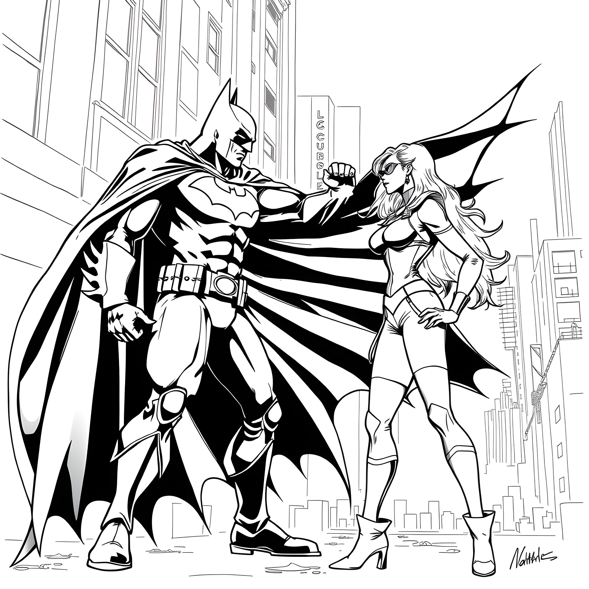 Batman and female hero battle in city skyline Coloring Page (free black-and-white line drawing printable PDF for all, from beginners to advanced learners, including children, teens, adults, and seniors)