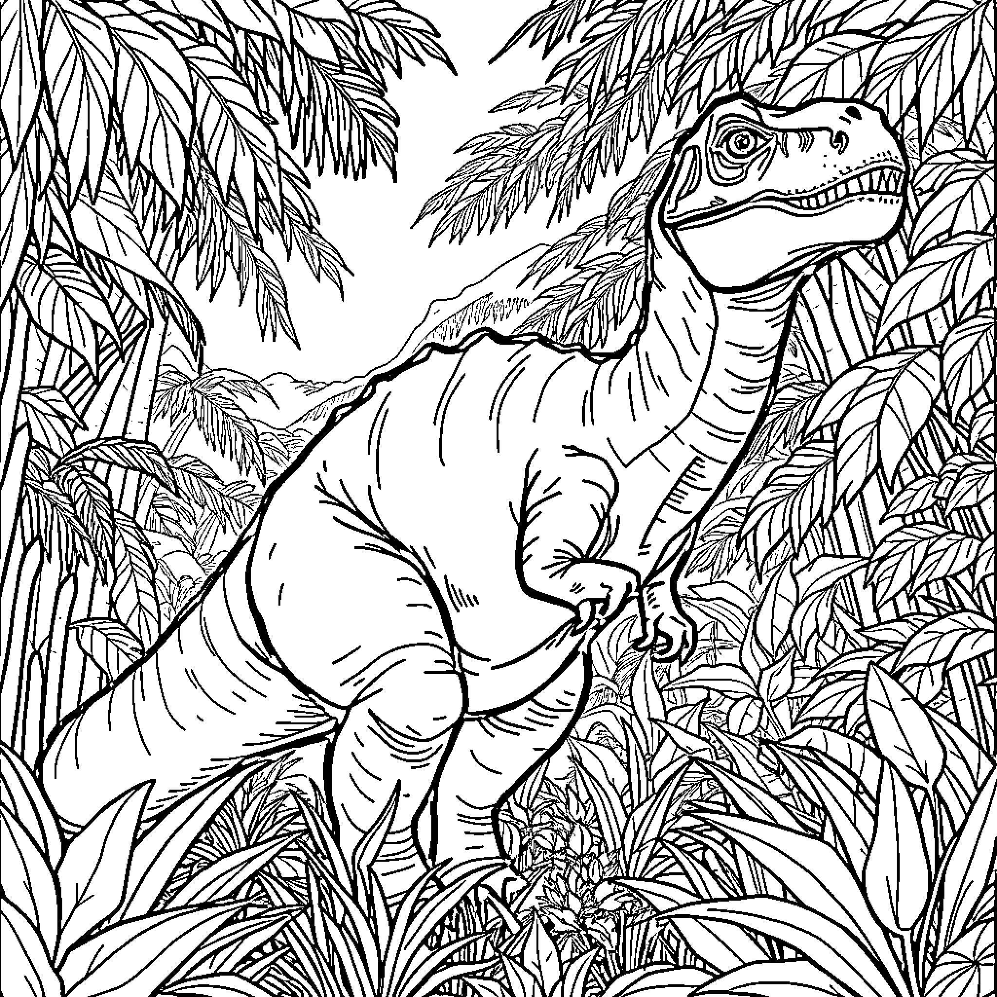 Dinosaur exploring the lush jungle landscape Coloring Page (free black-and-white line drawing printable PDF for all, from beginners to advanced learners, including children, teens, adults, and seniors)