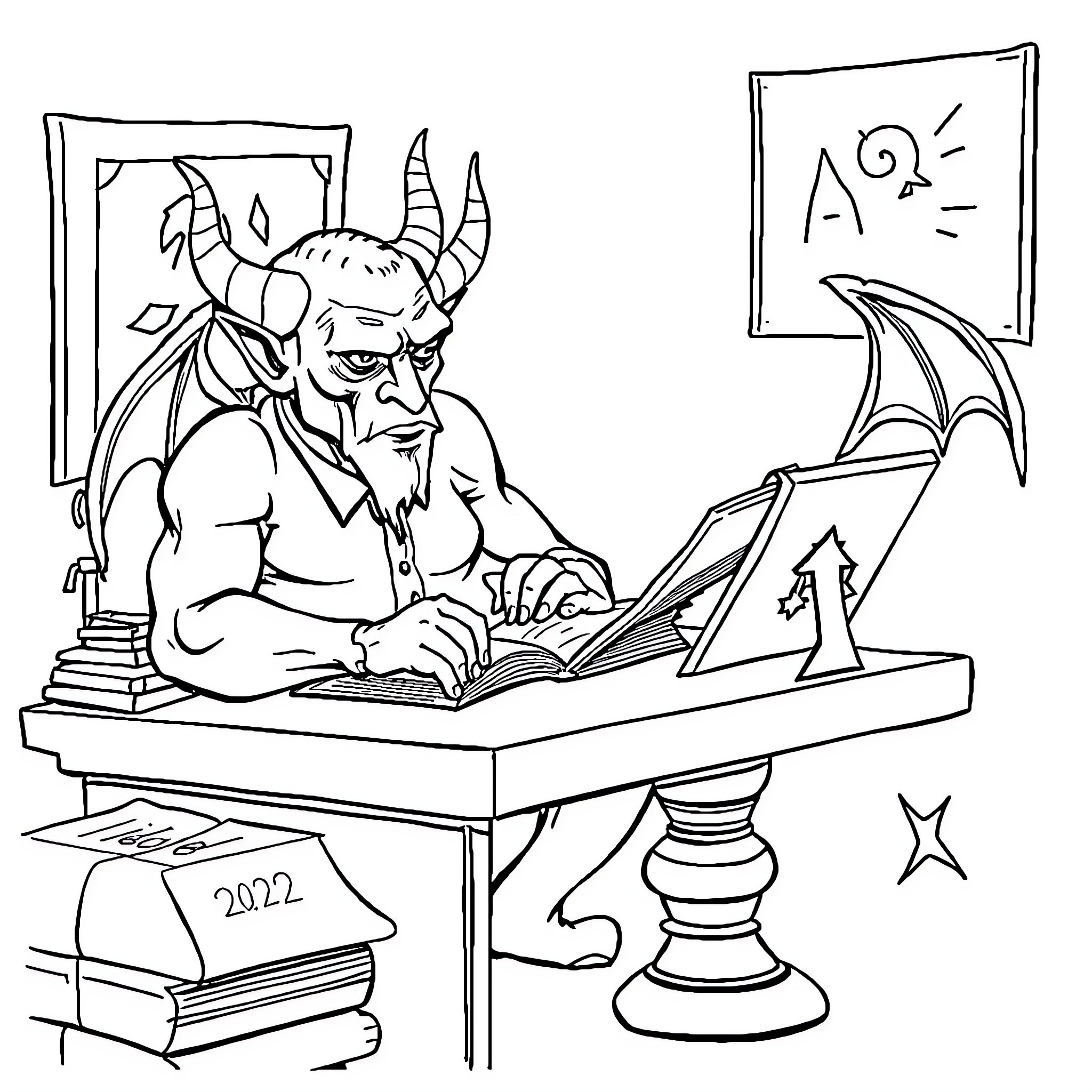 Devil Studying Diligently at His Desk Coloring Page (free black-and-white line drawing printable PDF for all, from beginners to advanced learners, including children, teens, adults, and seniors)