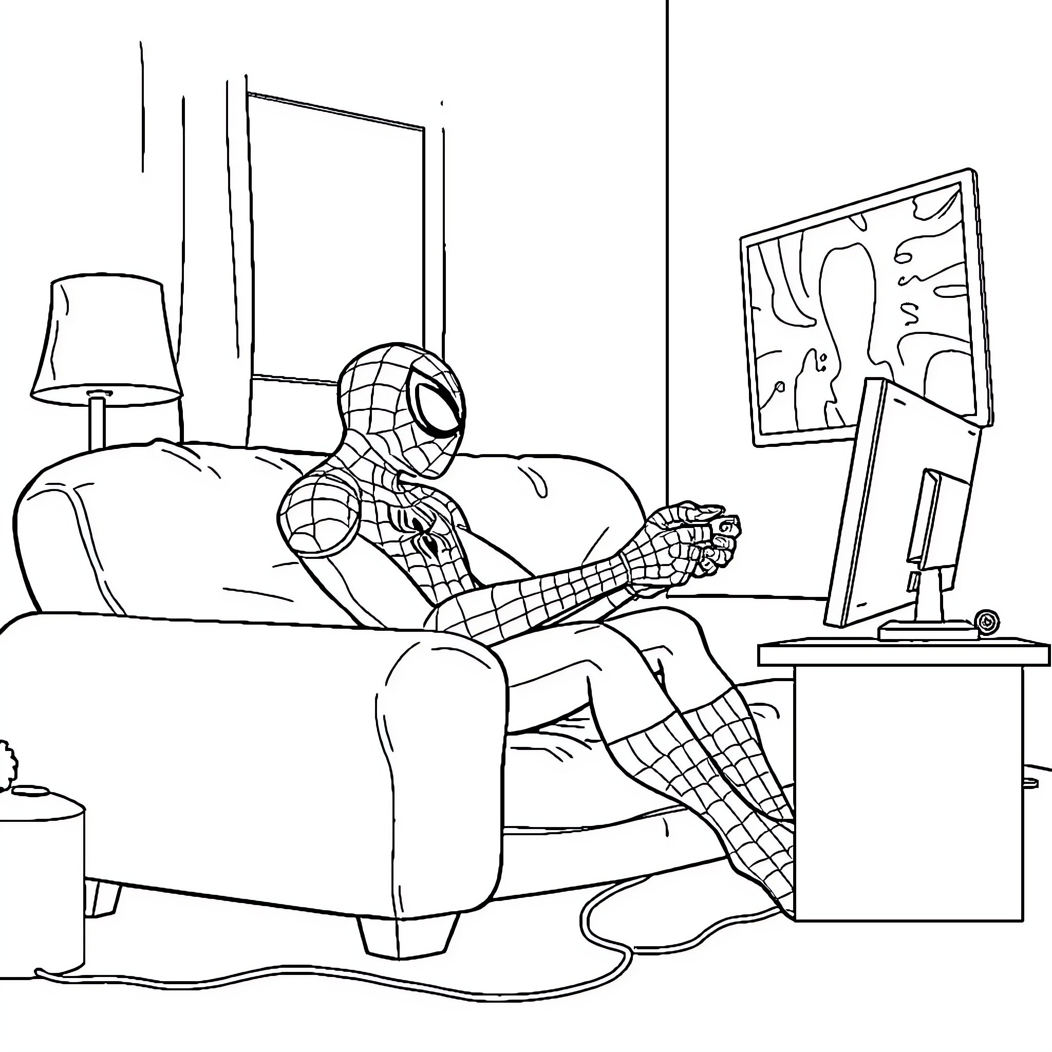 Spiderman relaxing at home on the couch Coloring Page (free black-and-white line drawing printable PDF for all, from beginners to advanced learners, including children, teens, adults, and seniors)