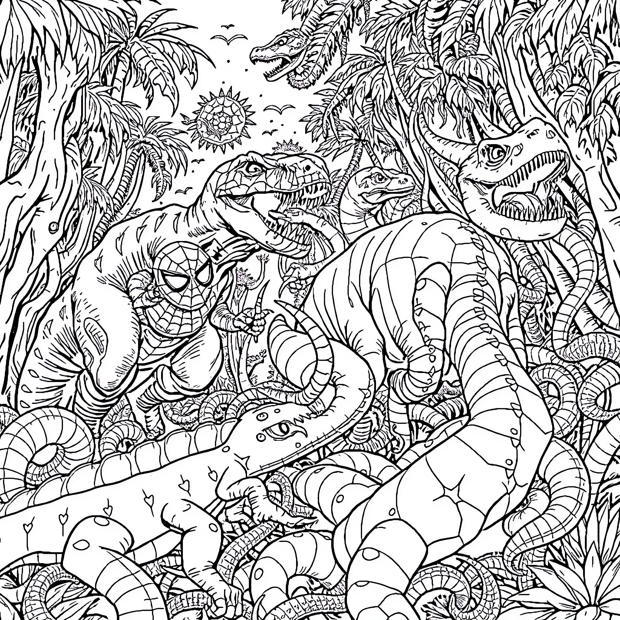 Dinosaurs Exploring Lush Prehistoric Landscape Coloring Page (free black-and-white line drawing printable PDF for all, from beginners to advanced learners, including children, teens, adults, and seniors)