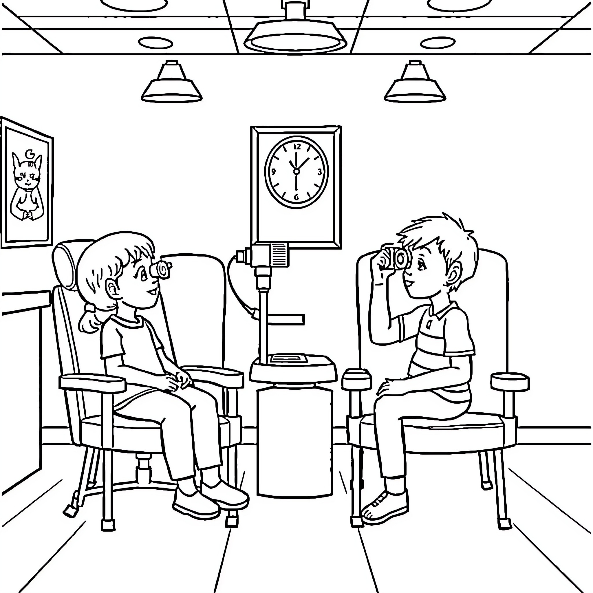Kid's eye examination in medical office Coloring Page (free black-and-white line drawing printable PDF for all, from beginners to advanced learners, including children, teens, adults, and seniors)