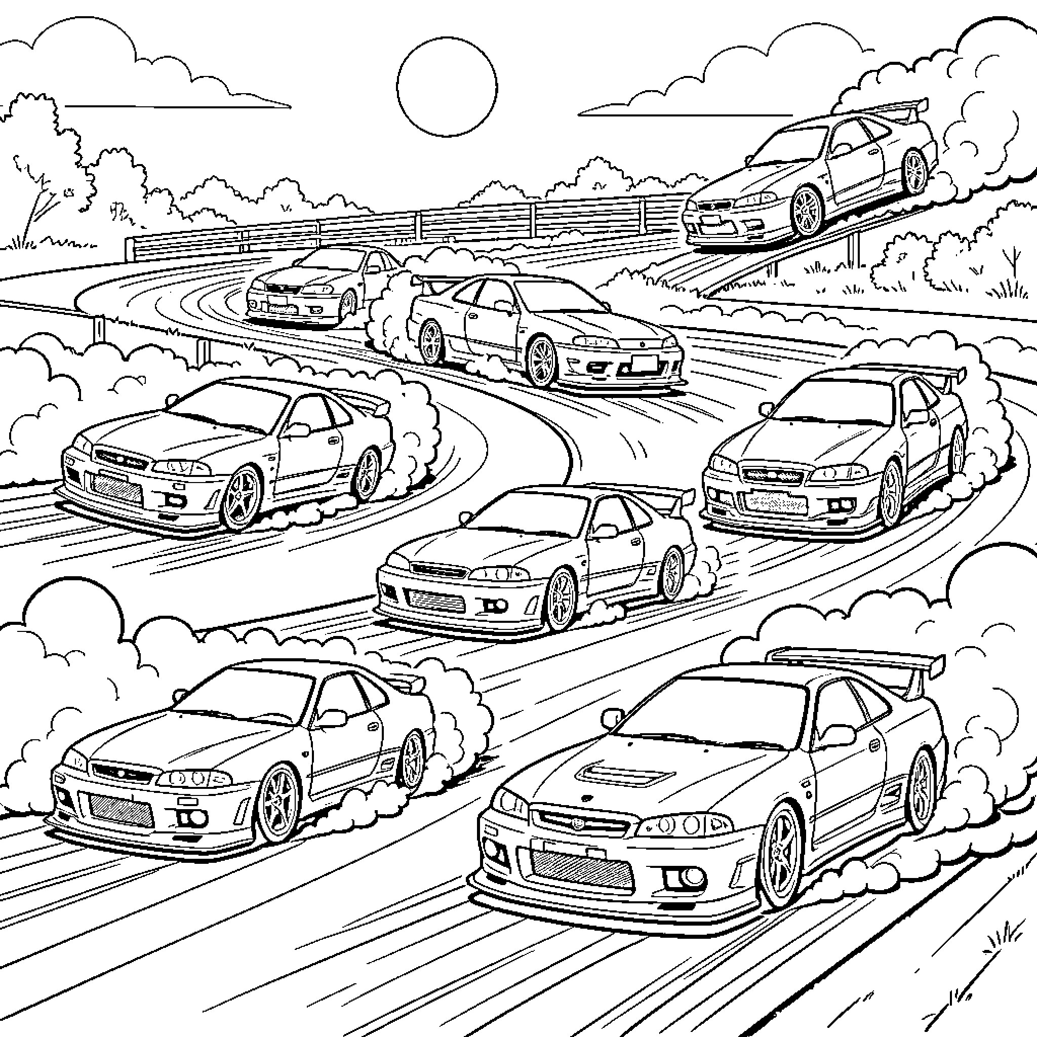 Nissan Skyline racing on winding road Coloring Page (free black-and-white line drawing printable PDF for all, from beginners to advanced learners, including children, teens, adults, and seniors)