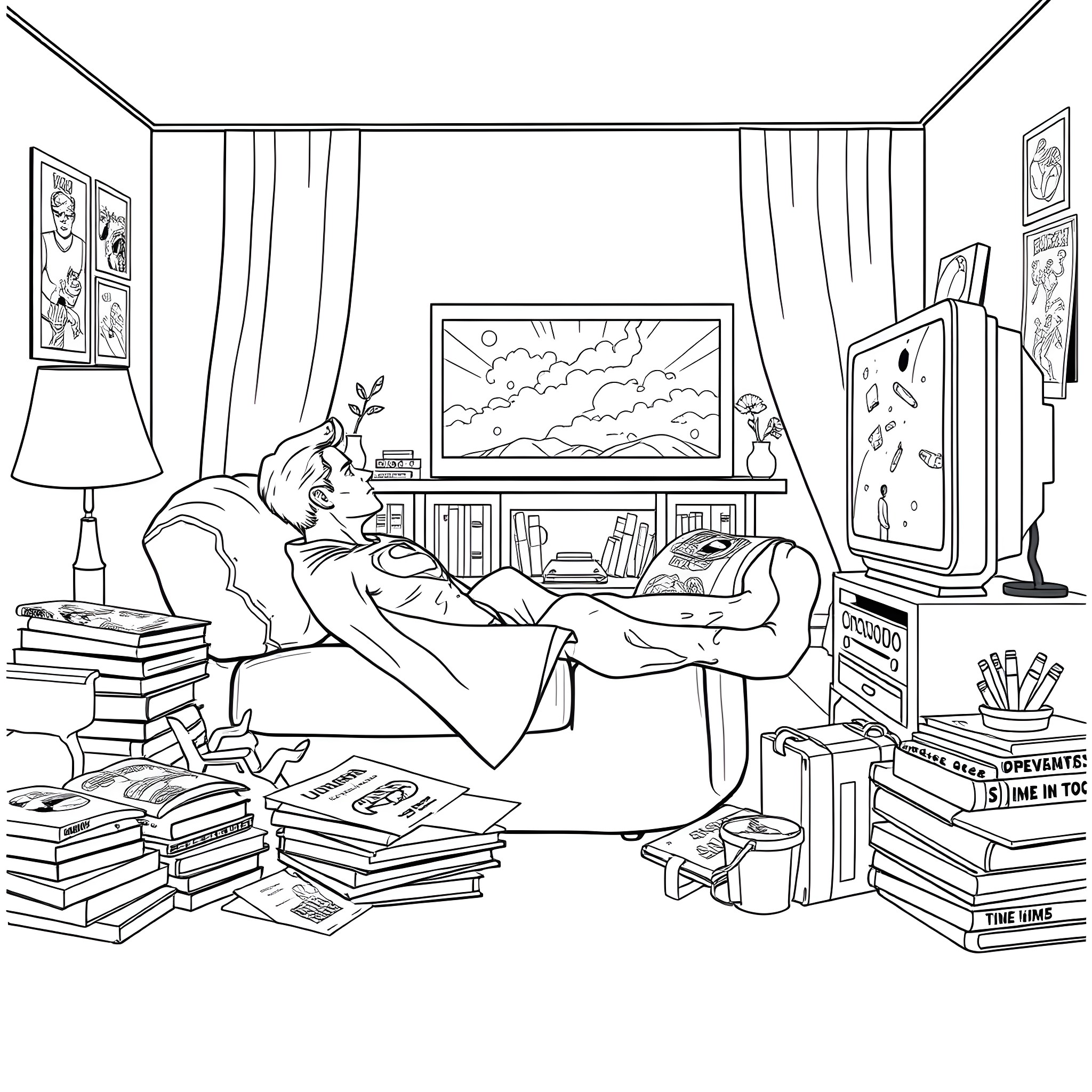 Superman relaxing in a cozy living room Coloring Page (free black-and-white line drawing printable PDF for all, from beginners to advanced learners, including children, teens, adults, and seniors)