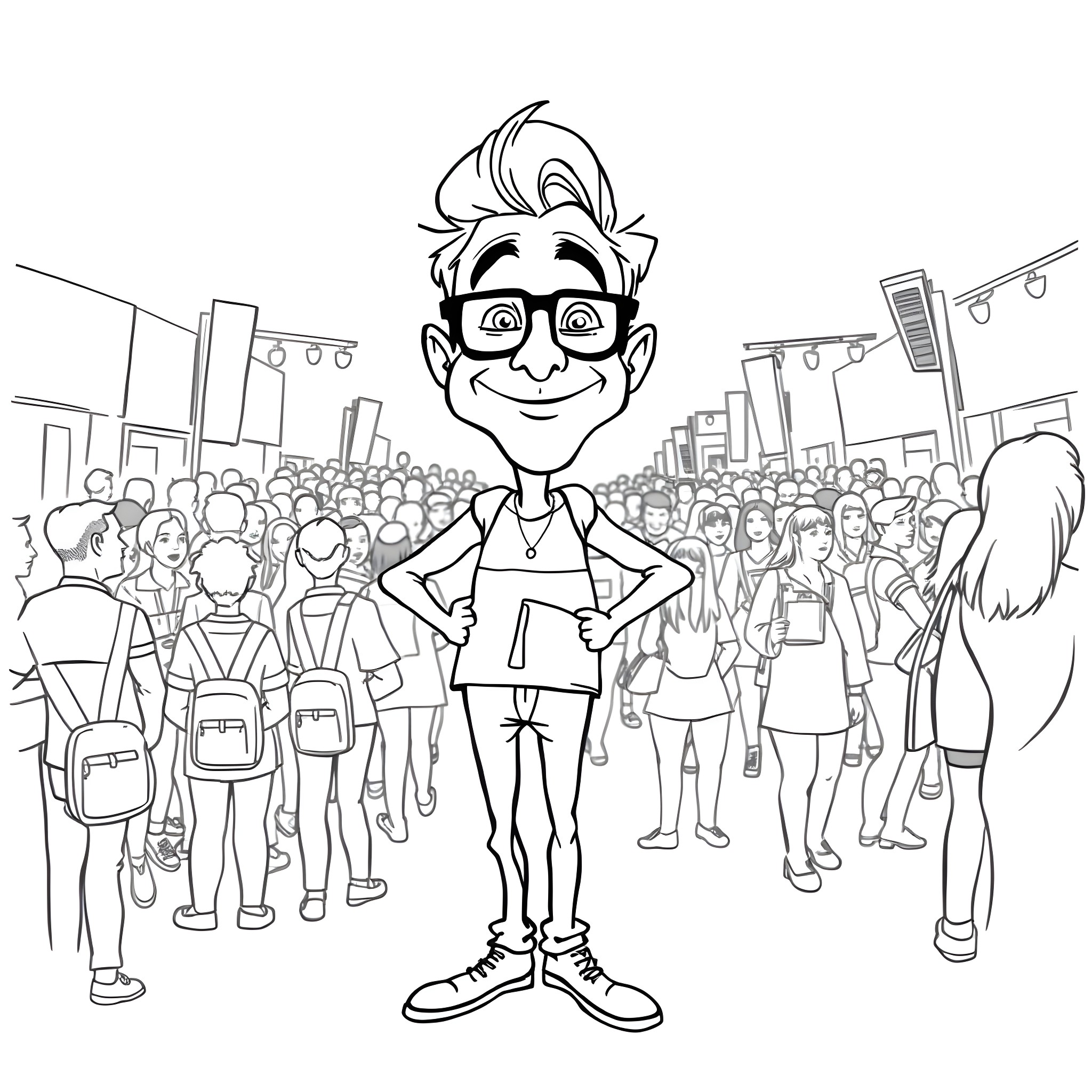 Donald Trump in a crowd of people Coloring Page (free black-and-white line drawing printable PDF for all, from beginners to advanced learners, including children, teens, adults, and seniors)