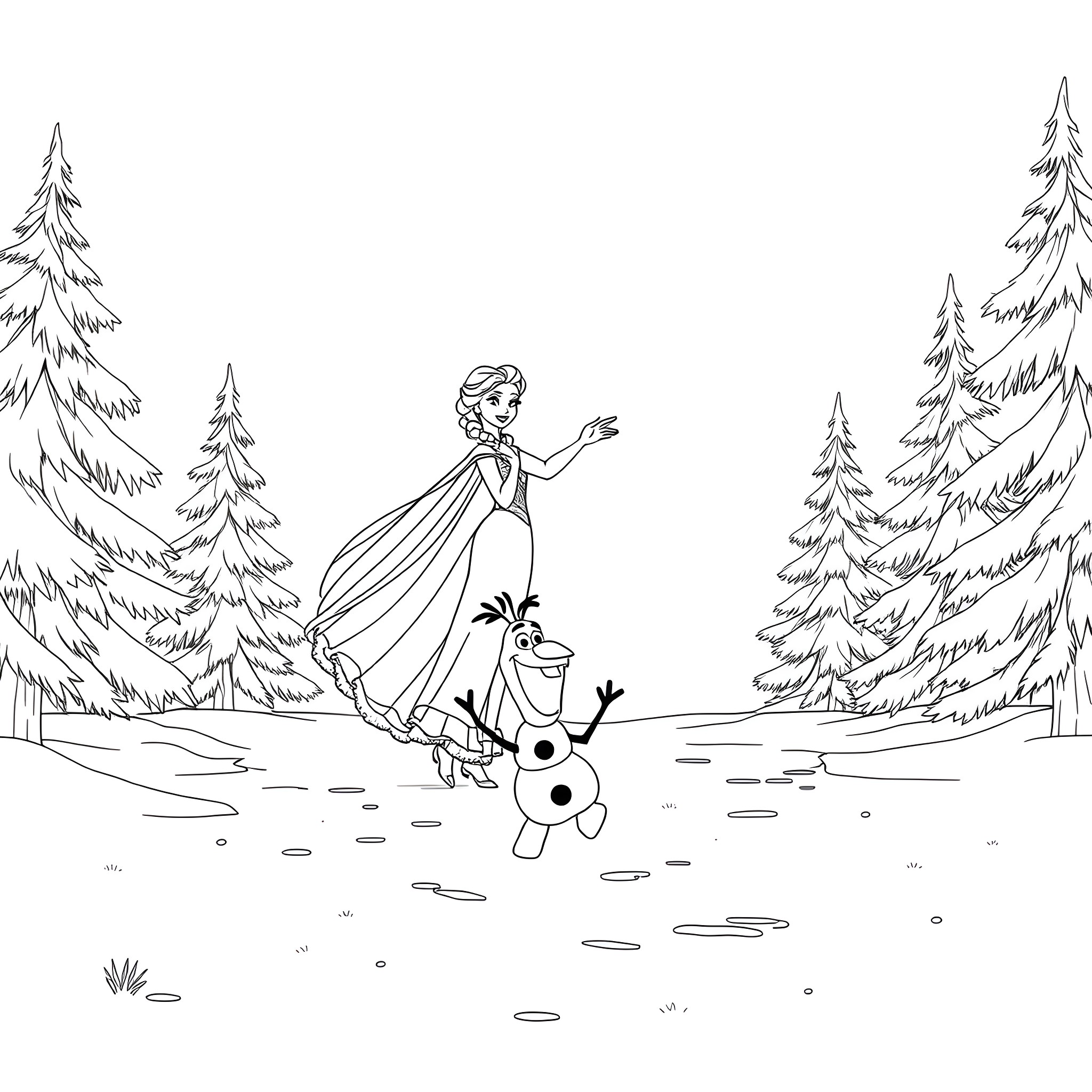 Elsa's Winter Wonderland Adventure Coloring Page (free black-and-white line drawing printable PDF for all, from beginners to advanced learners, including children, teens, adults, and seniors)