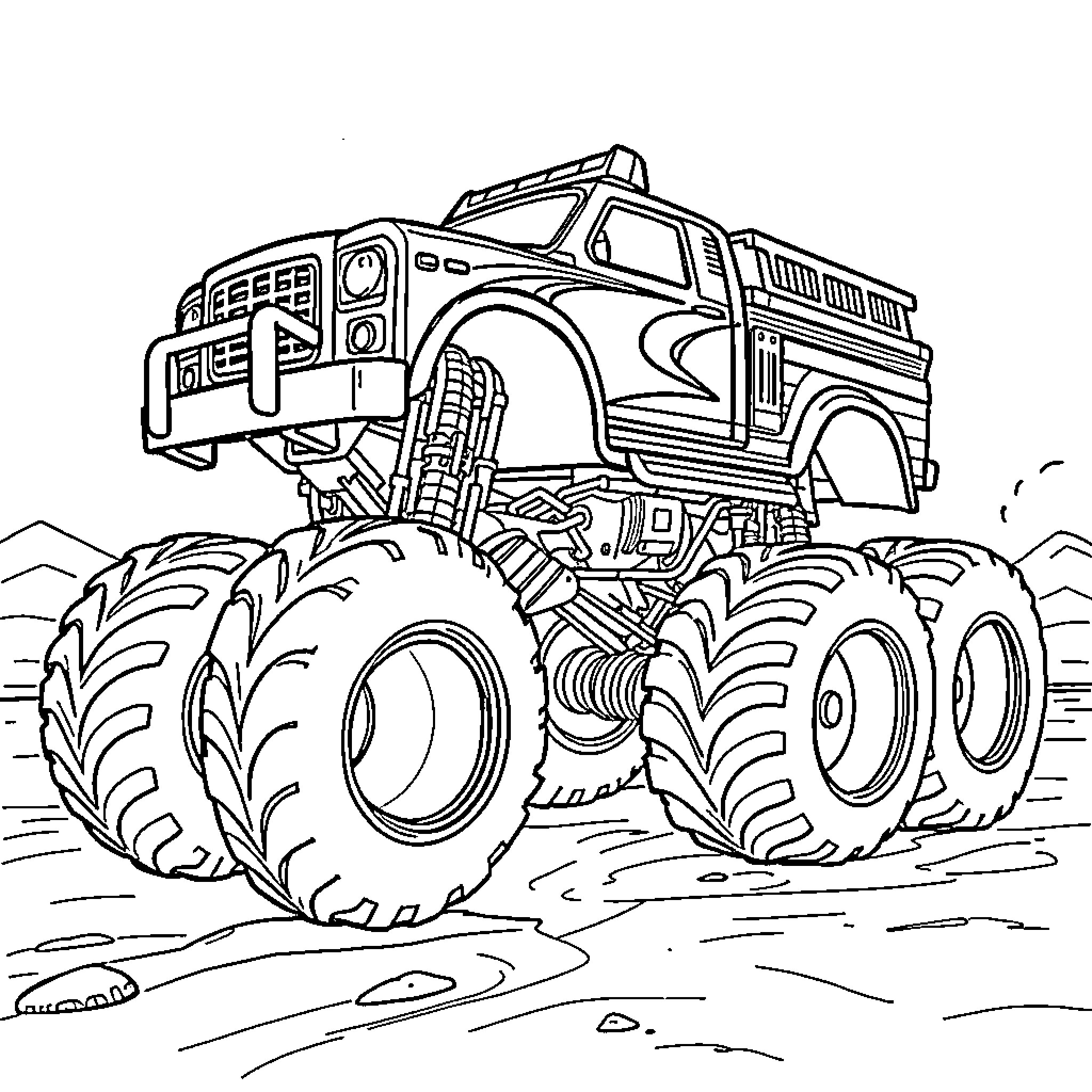 Monster Truck Crushing Through the Terrain Coloring Page (free black-and-white line drawing printable PDF for all, from beginners to advanced learners, including children, teens, adults, and seniors)
