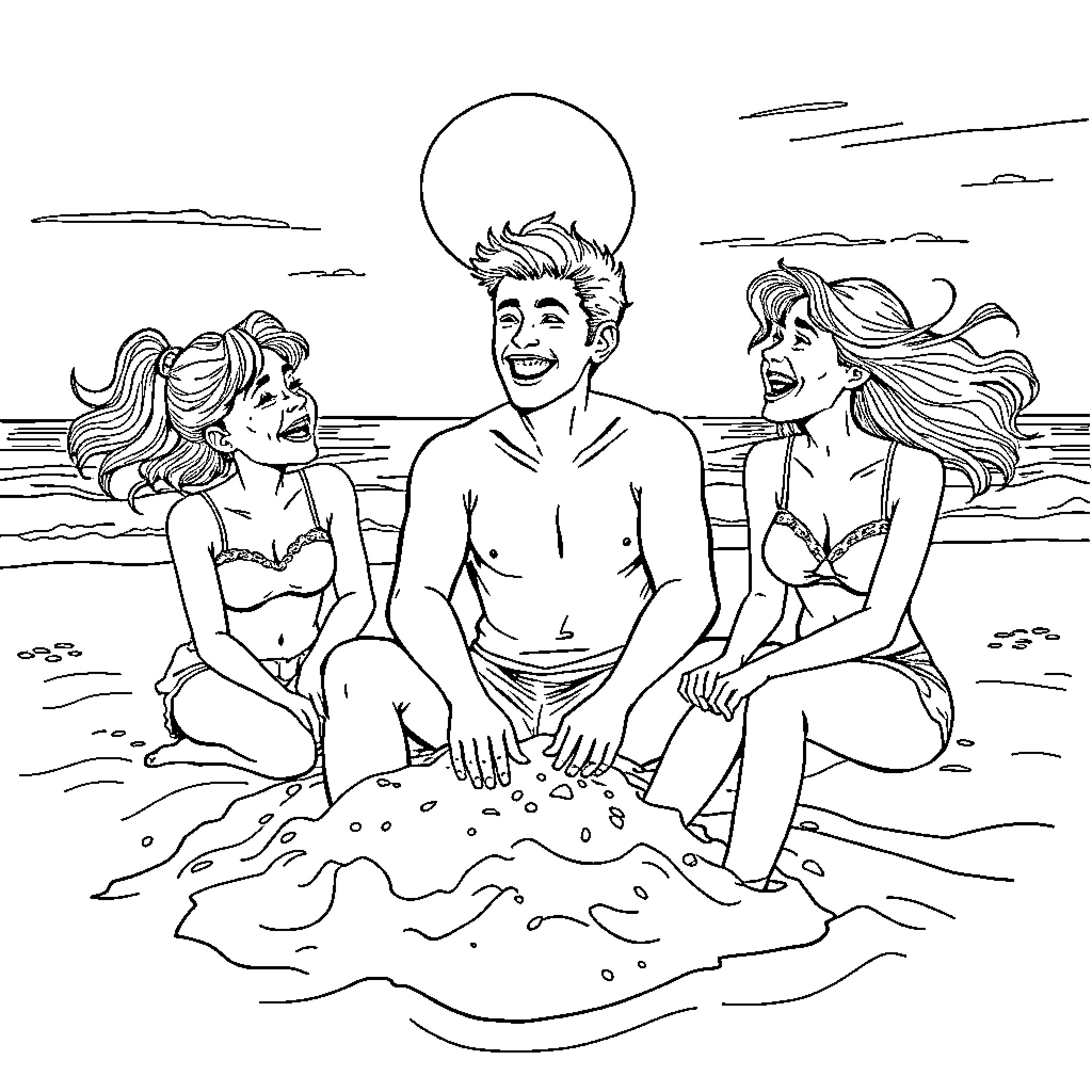 Guy enjoys beach time with two women Coloring Page (free black-and-white line drawing printable PDF for all, from beginners to advanced learners, including children, teens, adults, and seniors)