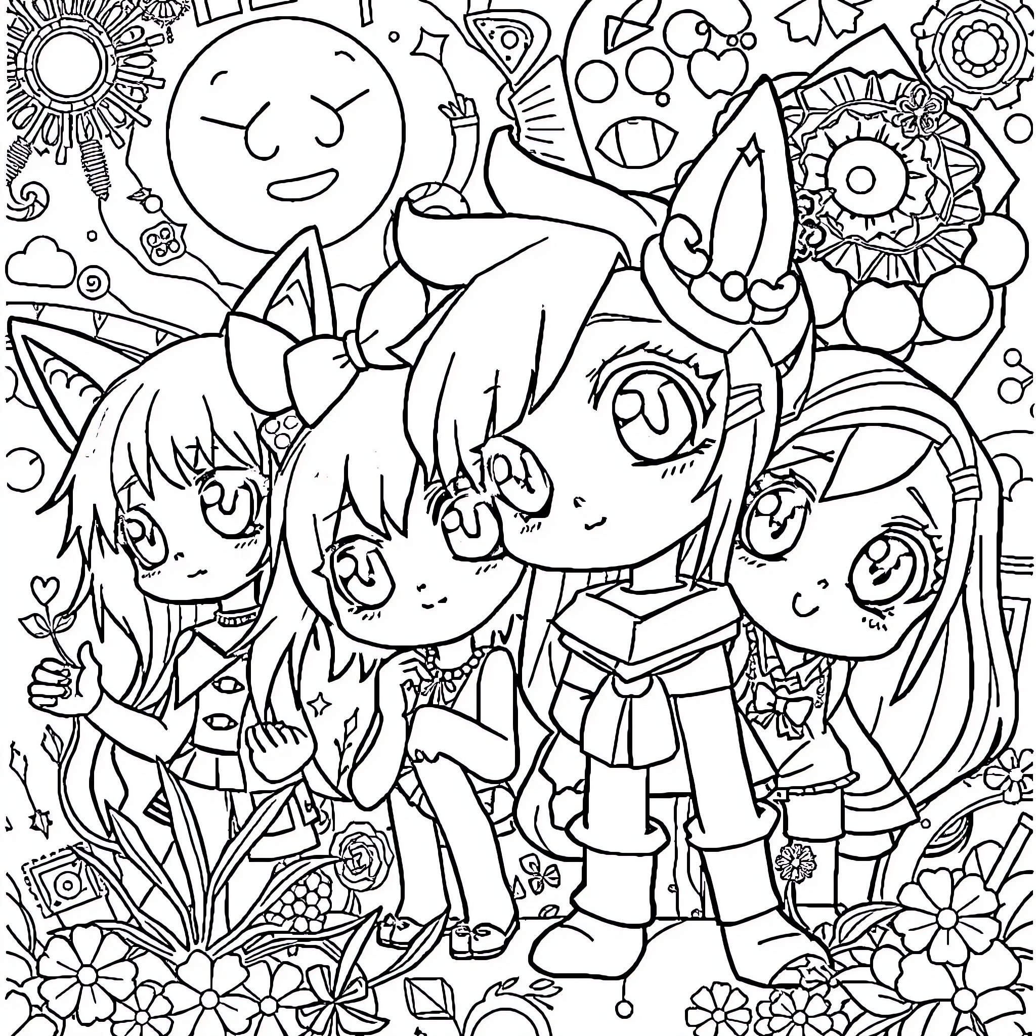 Anime Characters in Whimsical Floral Landscape Coloring Page (free black-and-white line drawing printable PDF for all, from beginners to advanced learners, including children, teens, adults, and seniors)