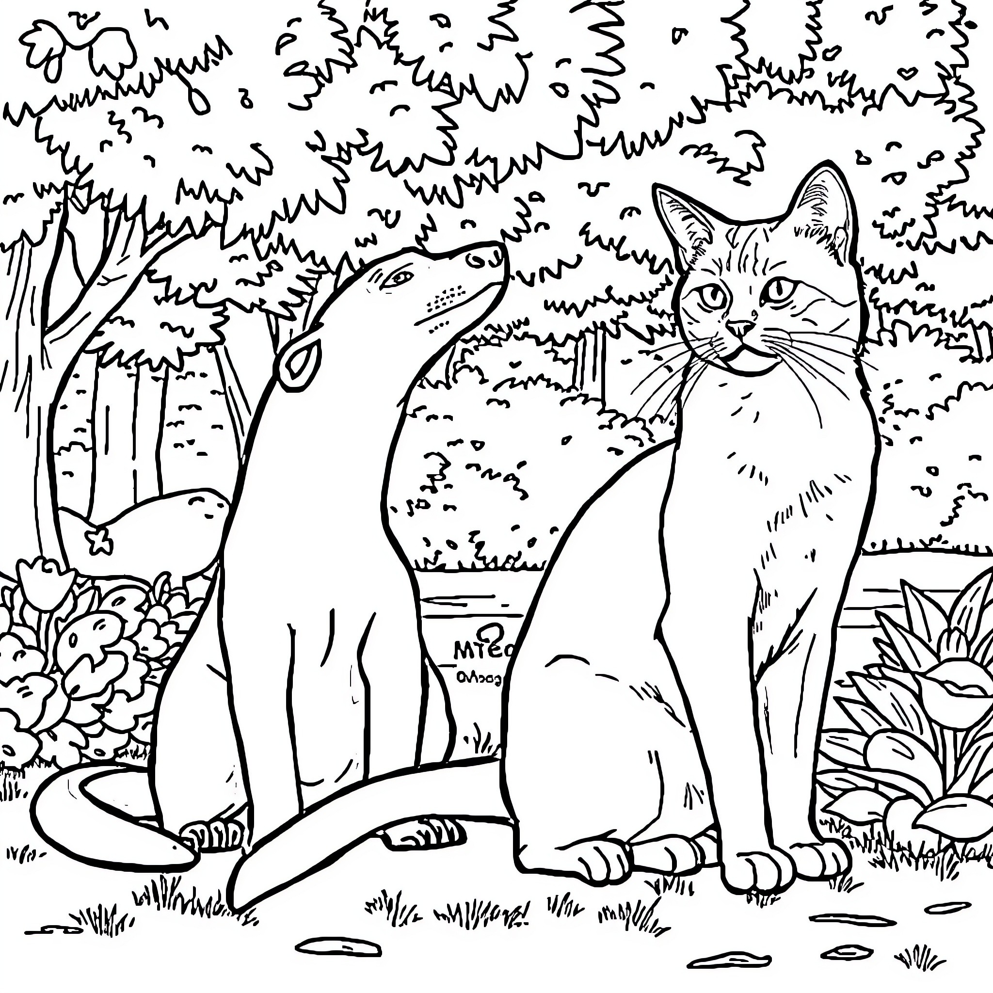 Dog and Cat in the Lush Forest Coloring Page (free black-and-white line drawing printable PDF for all, from beginners to advanced learners, including children, teens, adults, and seniors)