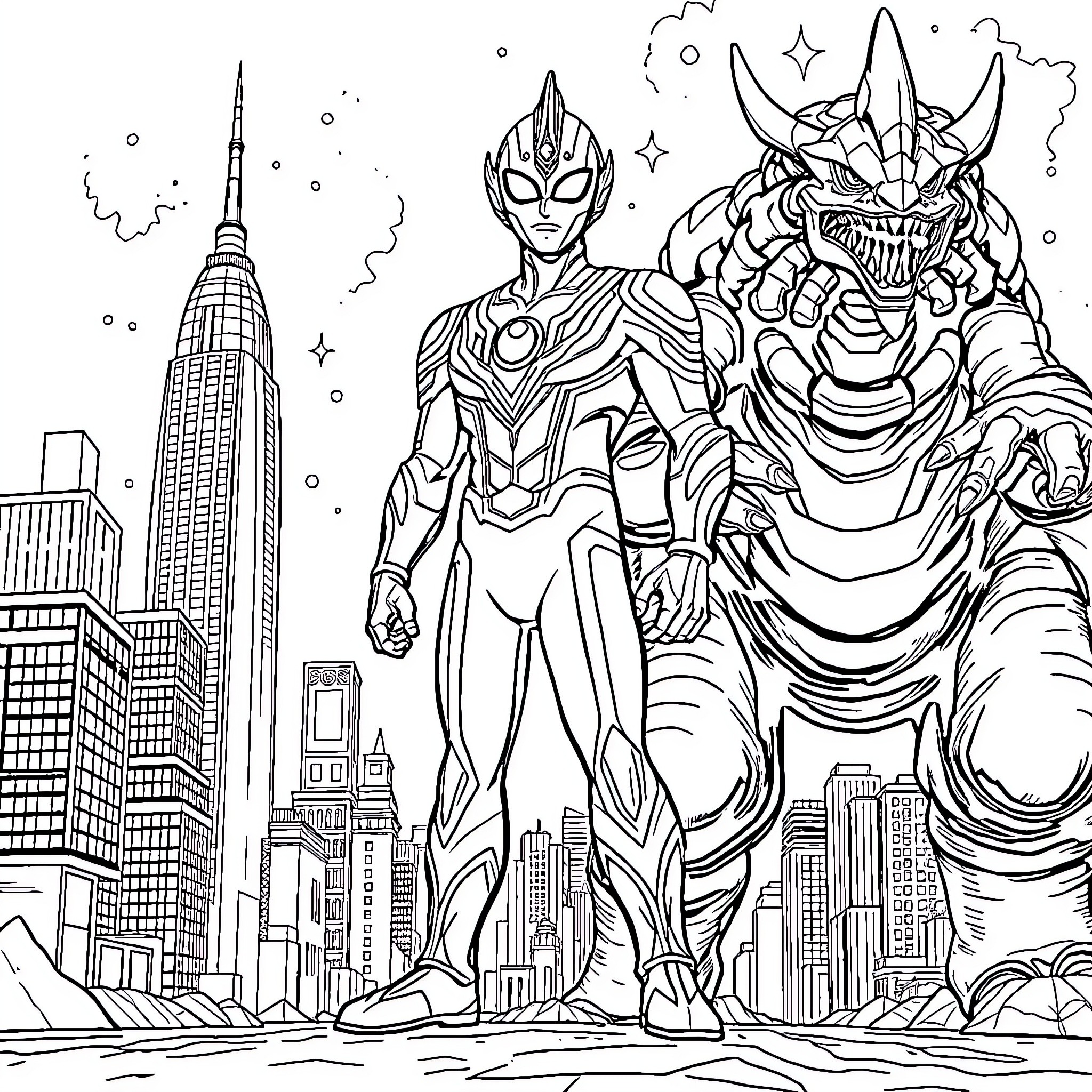 Ultraman battles a monstrous foe in the city skyline Coloring Page (free black-and-white line drawing printable PDF for all, from beginners to advanced learners, including children, teens, adults, and seniors)