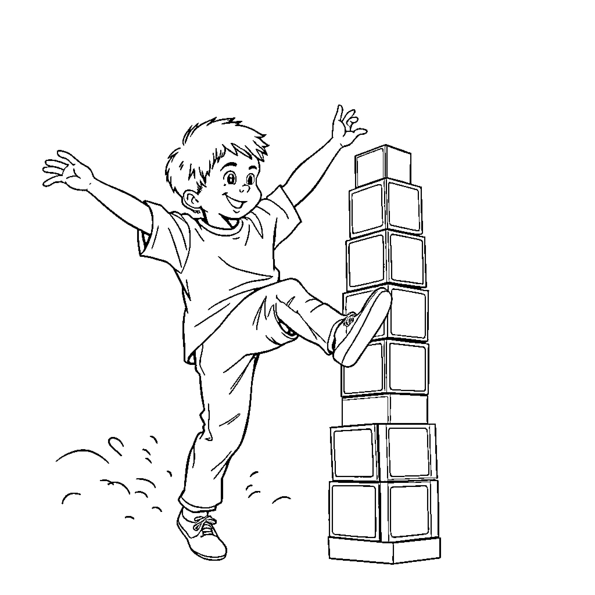 Boy building a tower of blocks happily Coloring Page (free black-and-white line drawing printable PDF for all, from beginners to advanced learners, including children, teens, adults, and seniors)