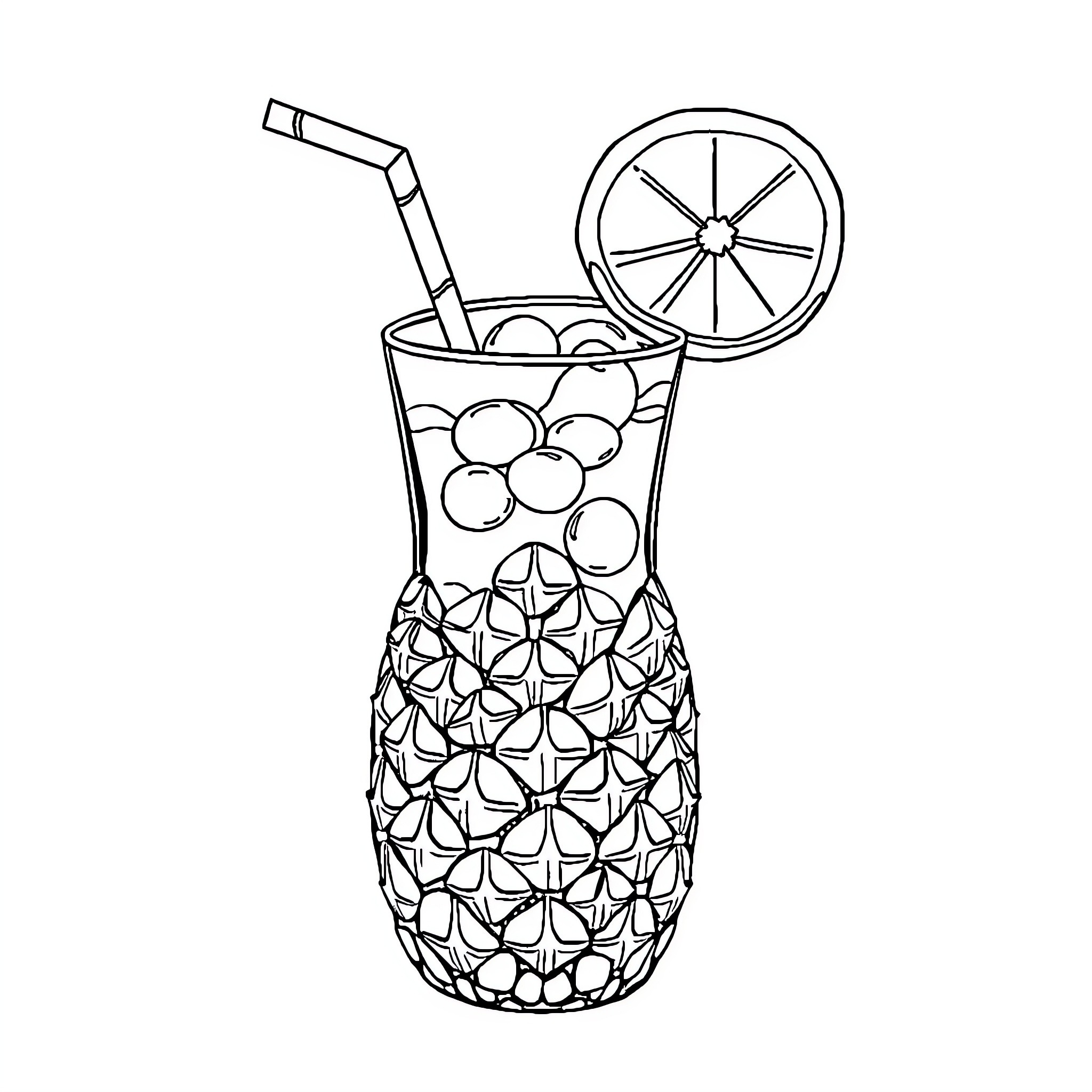 Pineapple-shaped glass with refreshing drink Coloring Page (free black-and-white line drawing printable PDF for all, from beginners to advanced learners, including children, teens, adults, and seniors)