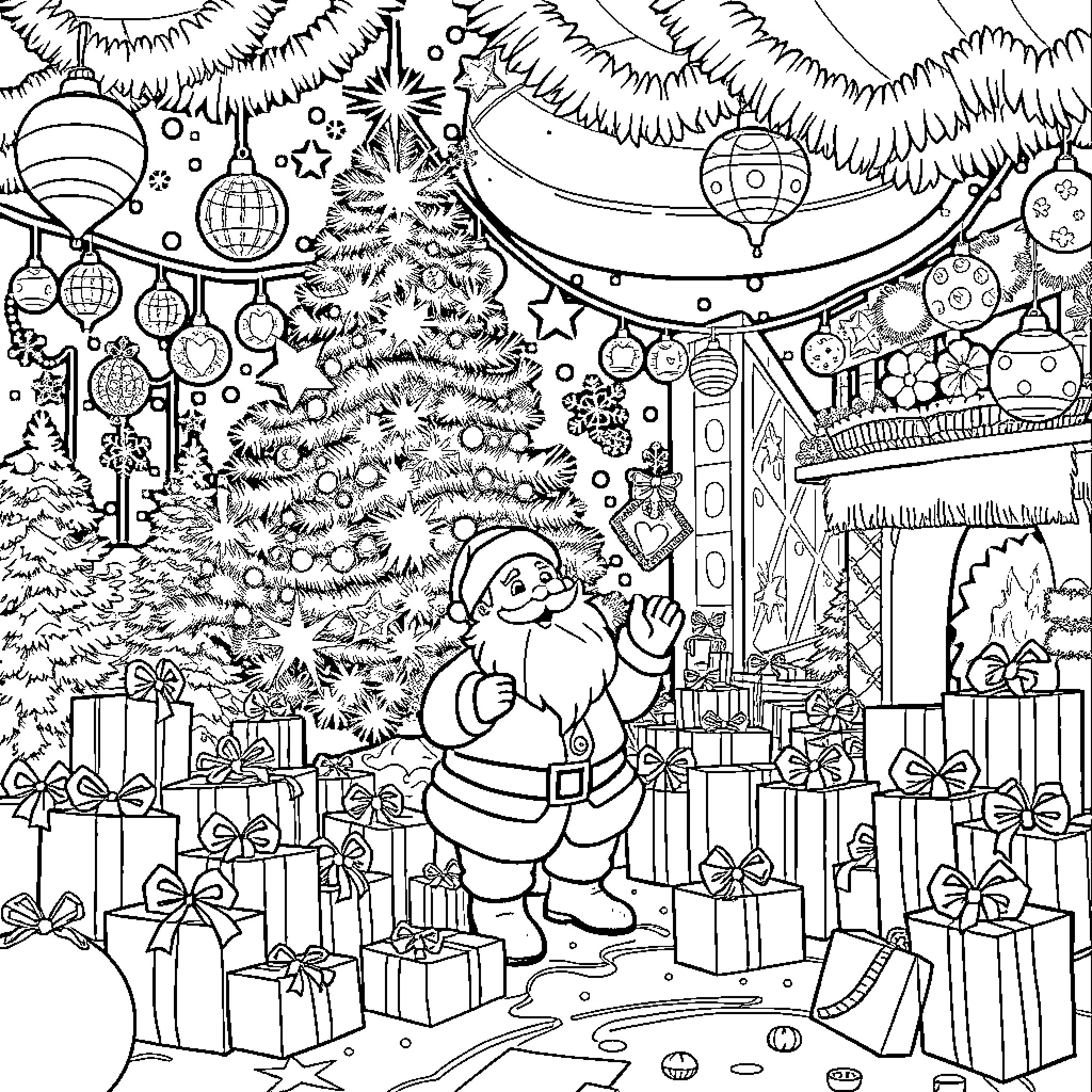 Santa's Festive Christmas Wonderland Coloring Page (free black-and-white line drawing printable PDF for all, from beginners to advanced learners, including children, teens, adults, and seniors)