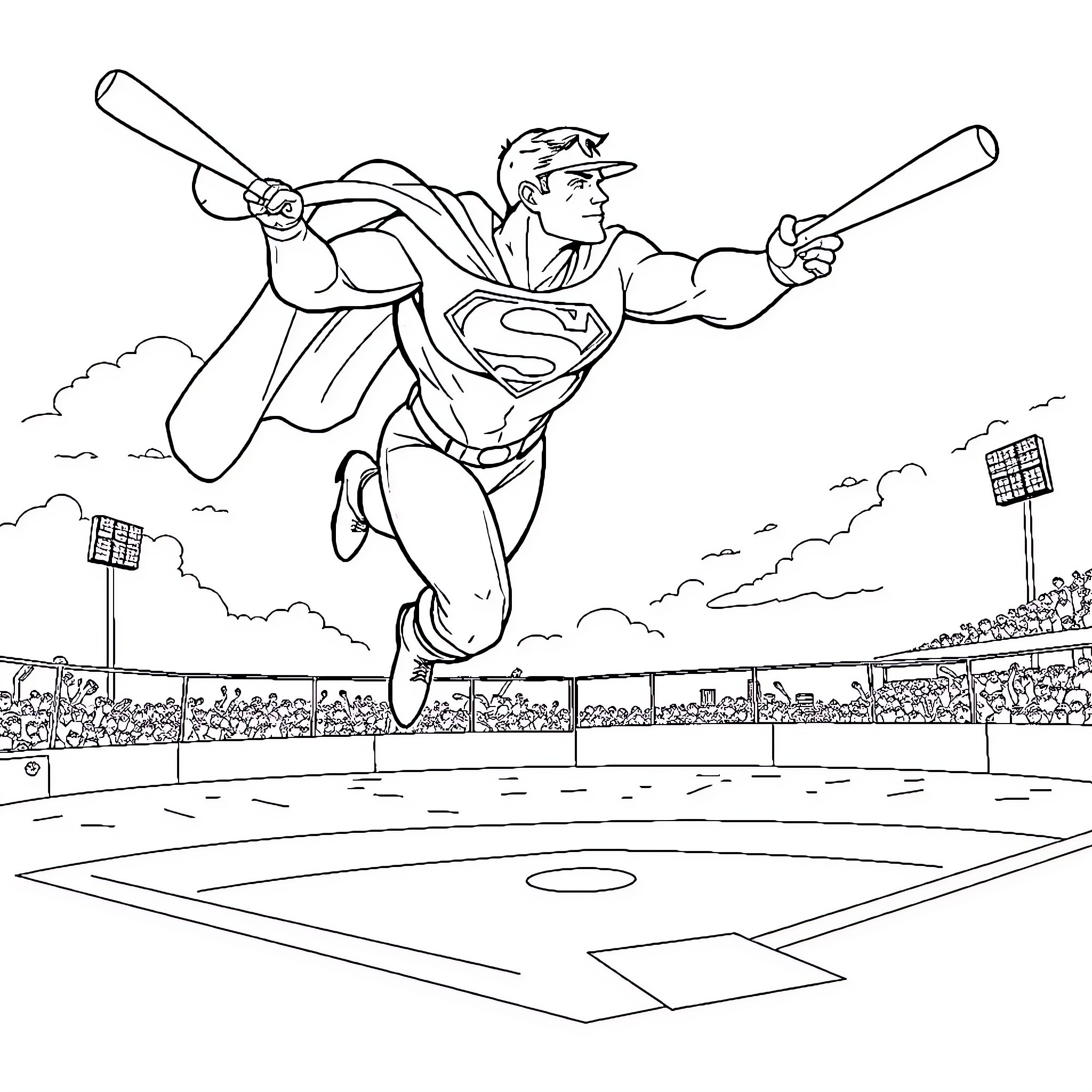 Superman flying heroically over a baseball stadium Coloring Page (free black-and-white line drawing printable PDF for all, from beginners to advanced learners, including children, teens, adults, and seniors)