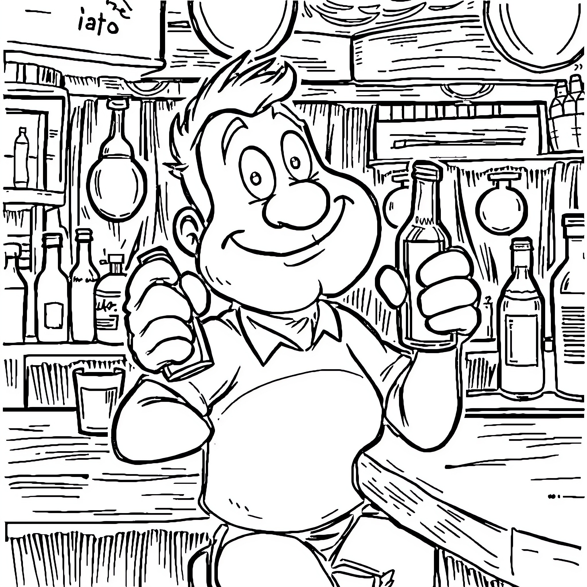 Muk's Cheerful Bartender Antics Coloring Page (free black-and-white line drawing printable PDF for all, from beginners to advanced learners, including children, teens, adults, and seniors)
