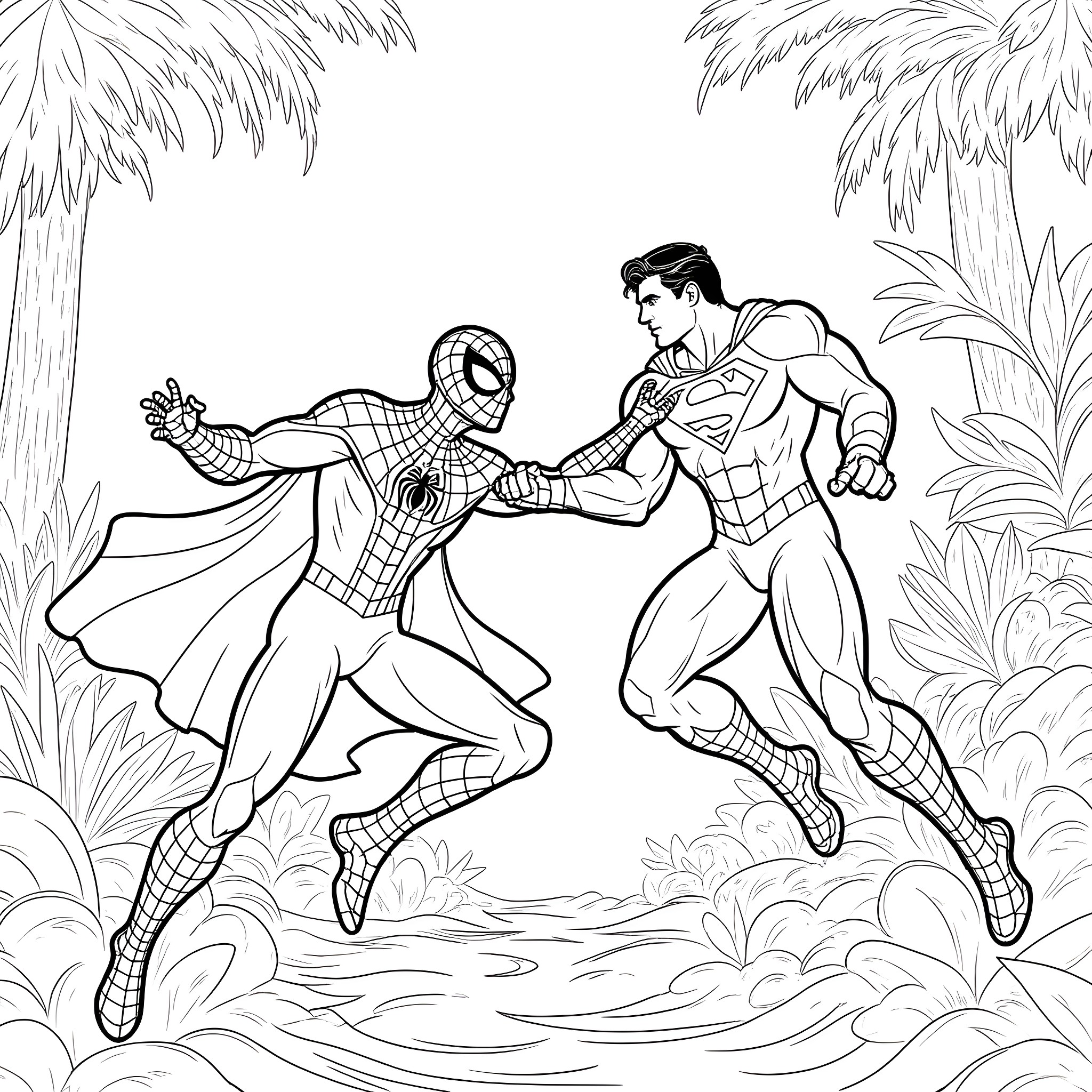Spiderman and Superman fighting in the jungle Coloring Page (free black-and-white line drawing printable PDF for all, from beginners to advanced learners, including children, teens, adults, and seniors)
