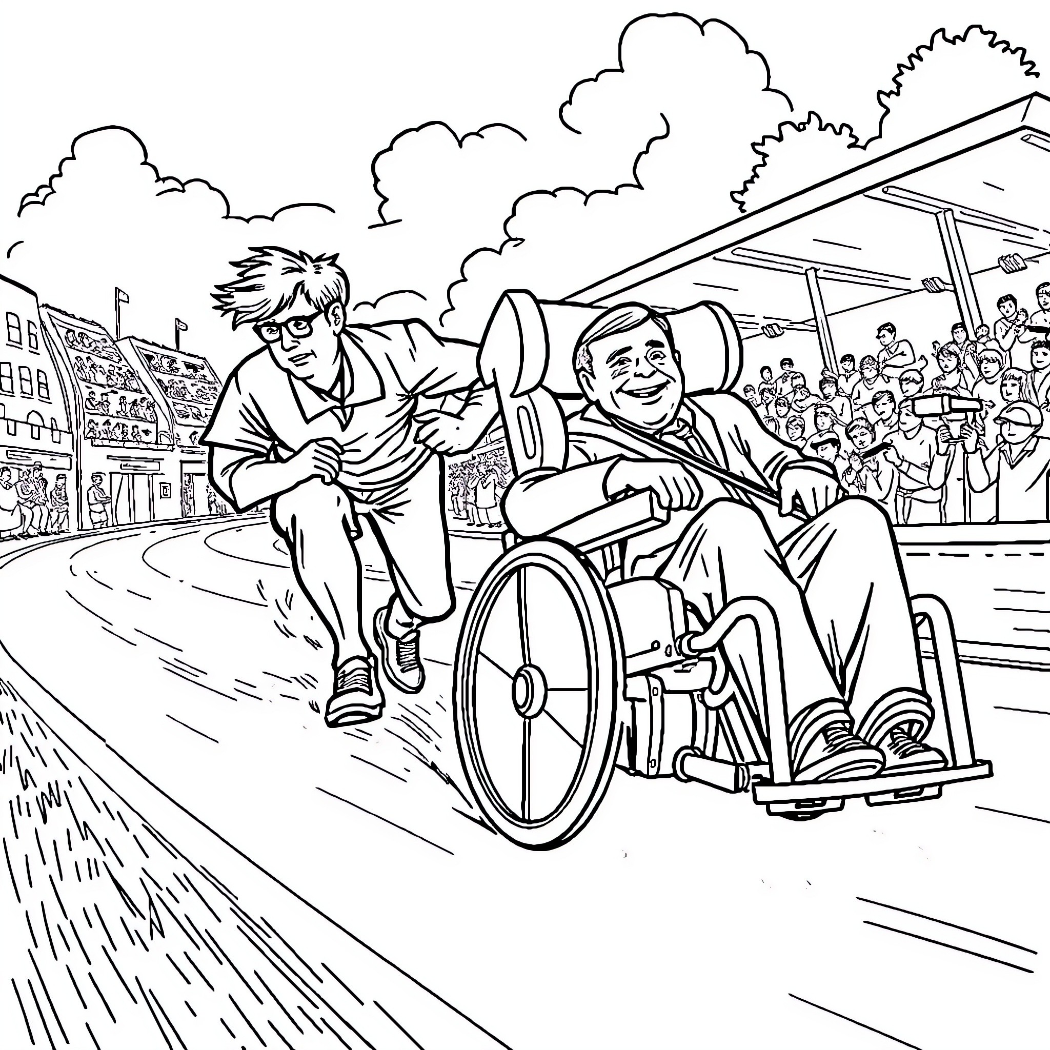 Bill Gates assisting a person in a wheelchair Coloring Page (free black-and-white line drawing printable PDF for all, from beginners to advanced learners, including children, teens, adults, and seniors)