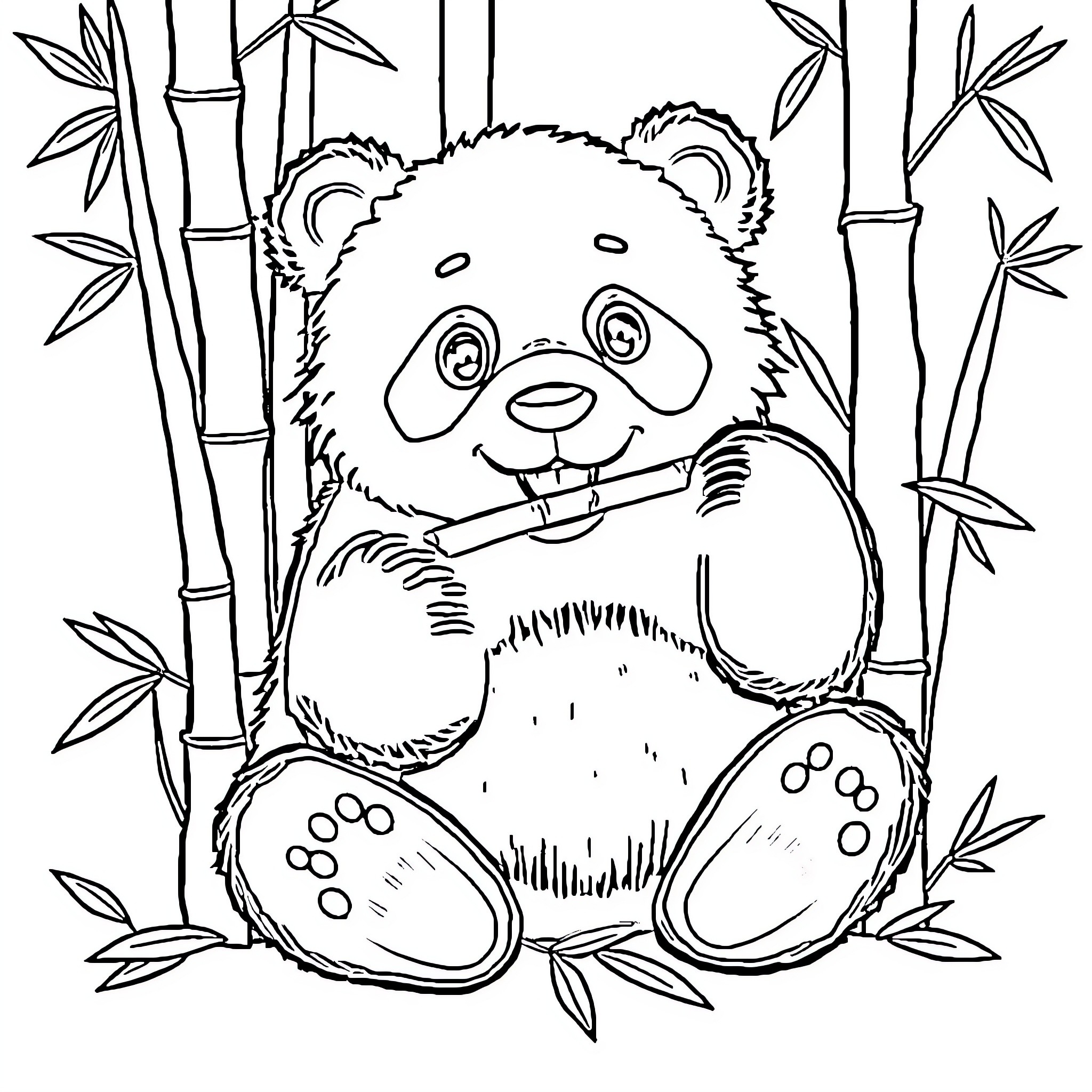 Panda enjoying bamboo in forest Coloring Page (free black-and-white line drawing printable PDF for all, from beginners to advanced learners, including children, teens, adults, and seniors)