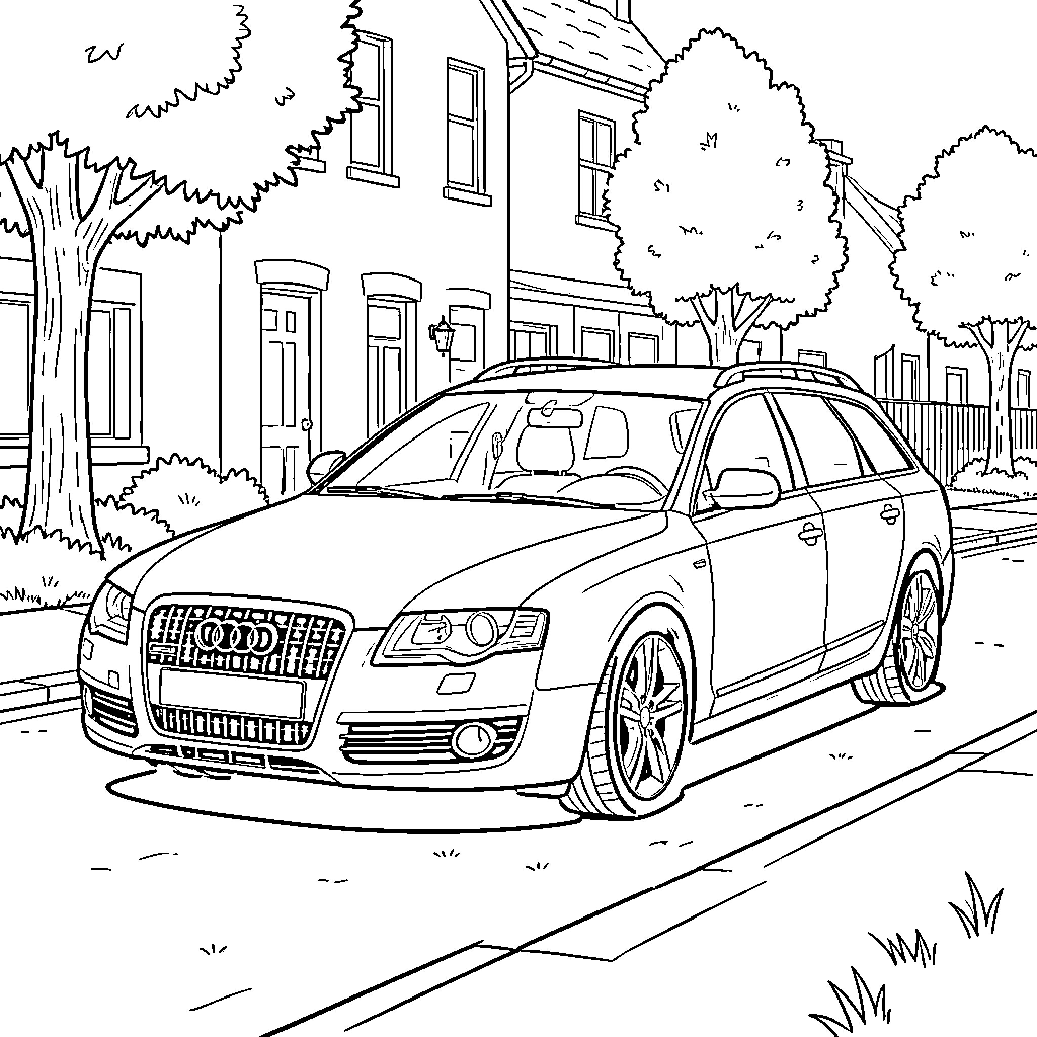 Audi luxury vehicle in a scenic neighborhood Coloring Page (free black-and-white line drawing printable PDF for all, from beginners to advanced learners, including children, teens, adults, and seniors)
