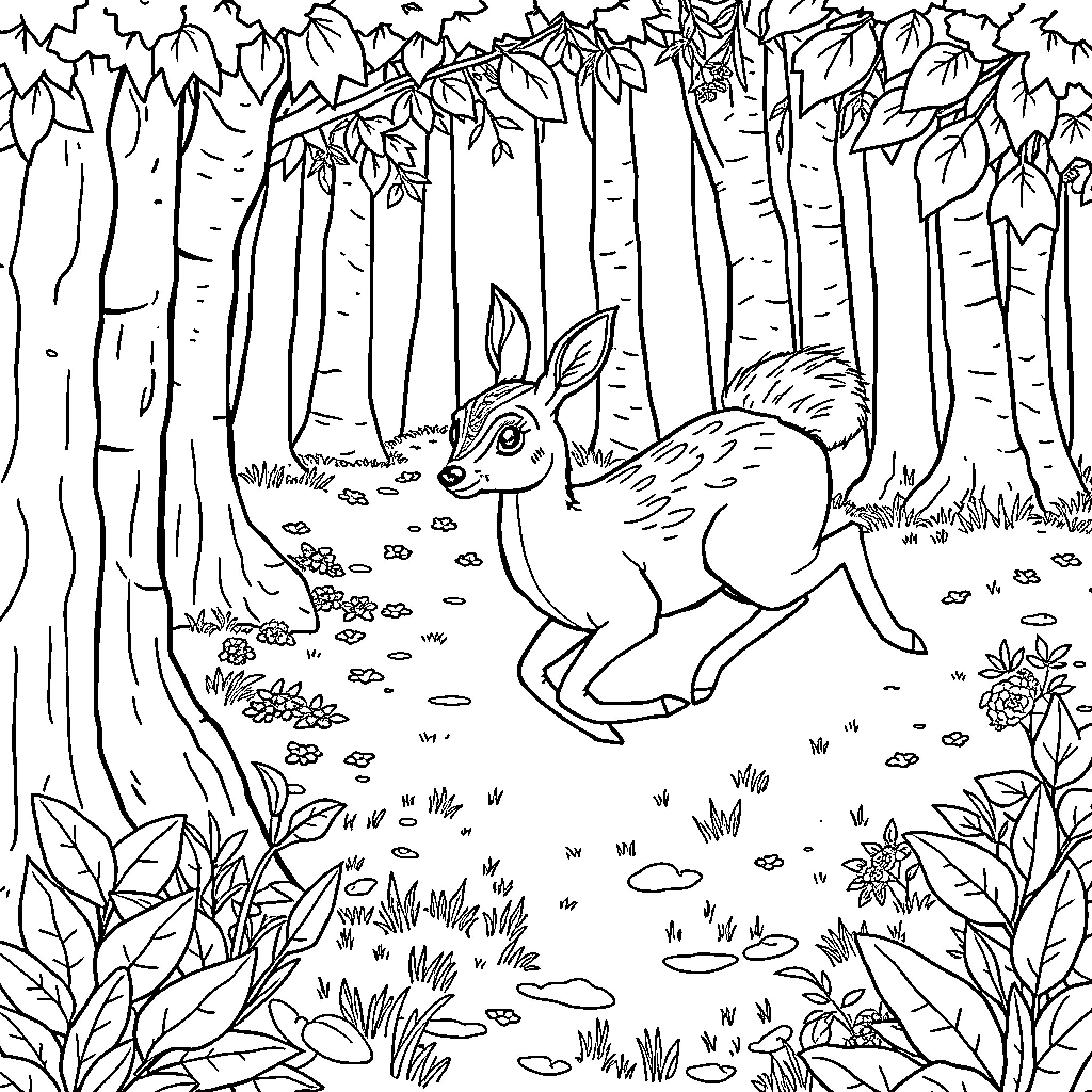 Deer wandering in the woodland scene Coloring Page (free black-and-white line drawing printable PDF for all, from beginners to advanced learners, including children, teens, adults, and seniors)