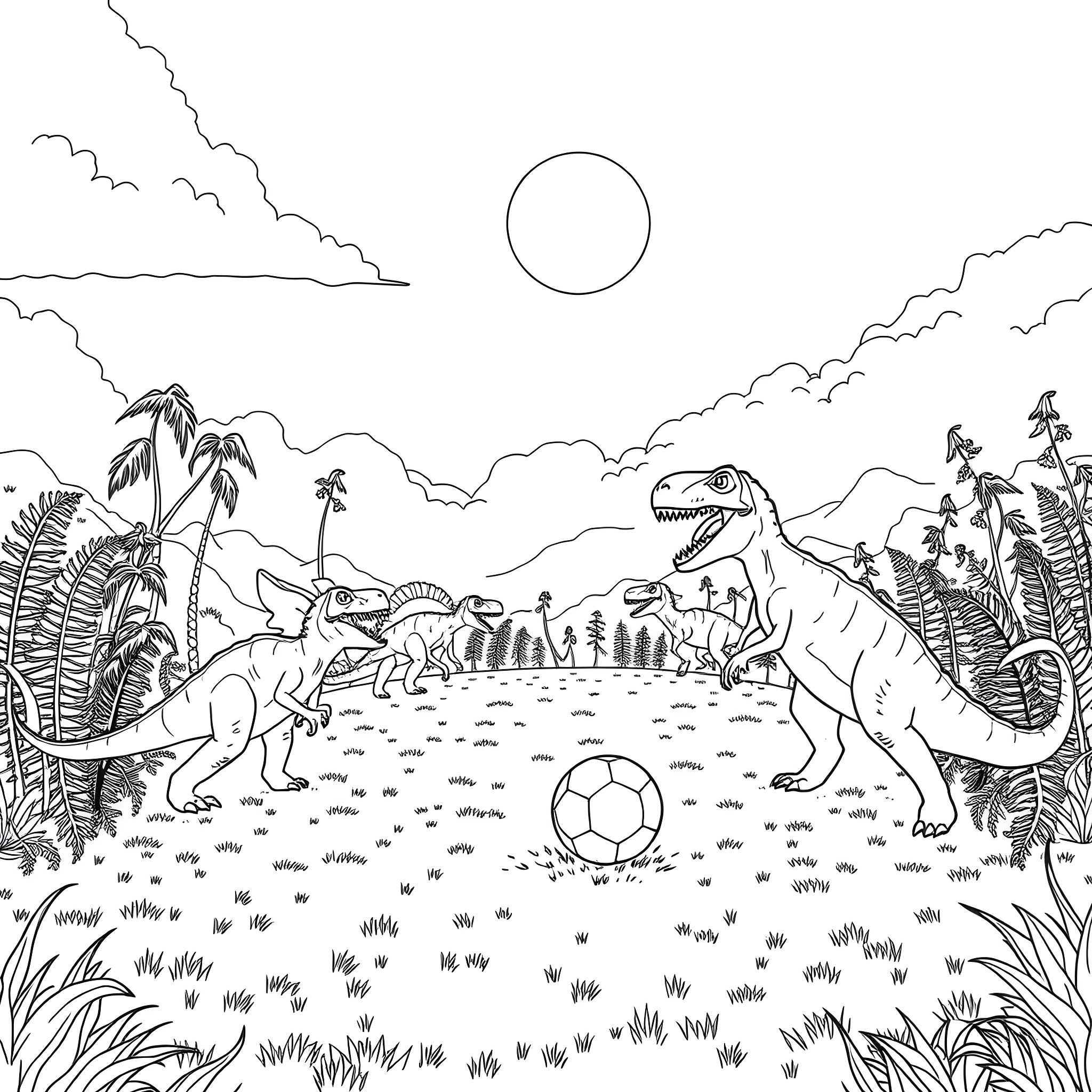 Dinosaurs playing football in the prehistoric jungle Coloring Page (free black-and-white line drawing printable PDF for all, from beginners to advanced learners, including children, teens, adults, and seniors)