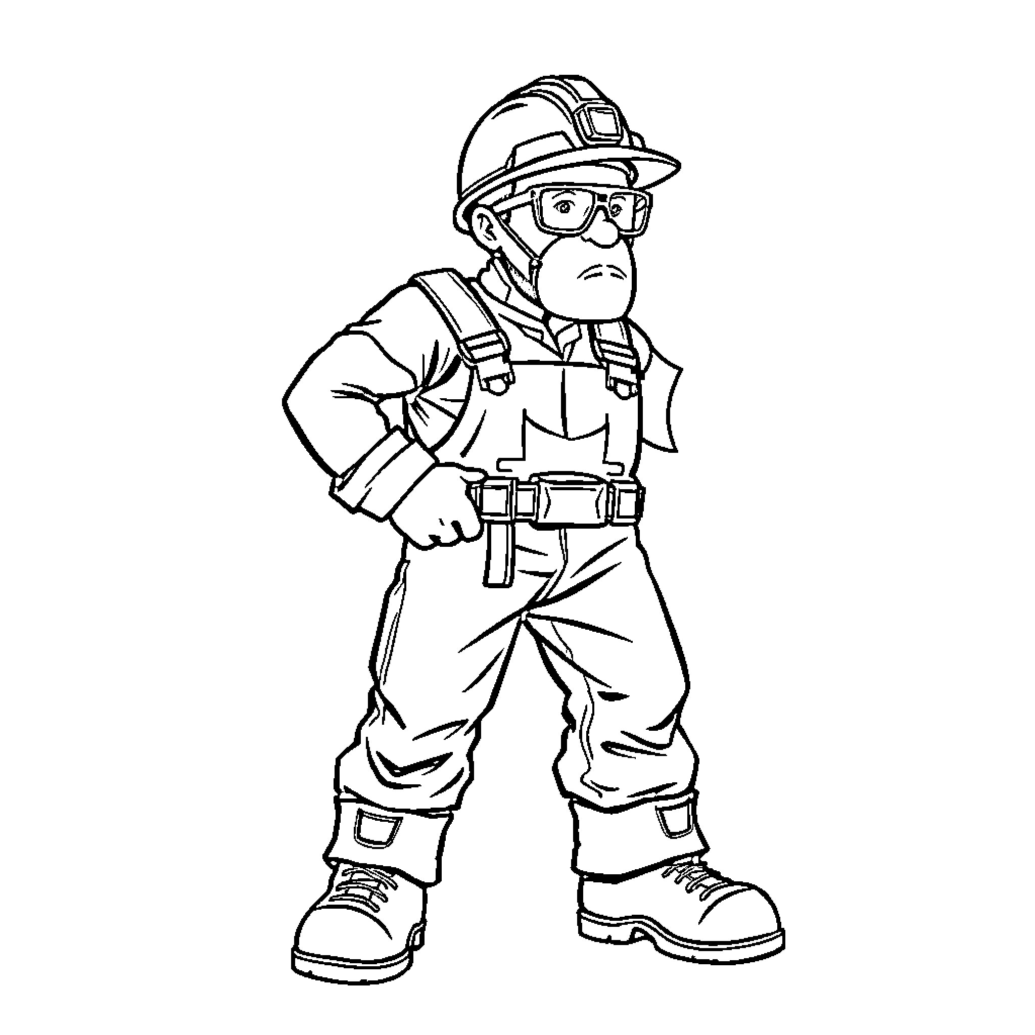 Miner at Work in Protective Gear Coloring Page (free black-and-white line drawing printable PDF for all, from beginners to advanced learners, including children, teens, adults, and seniors)