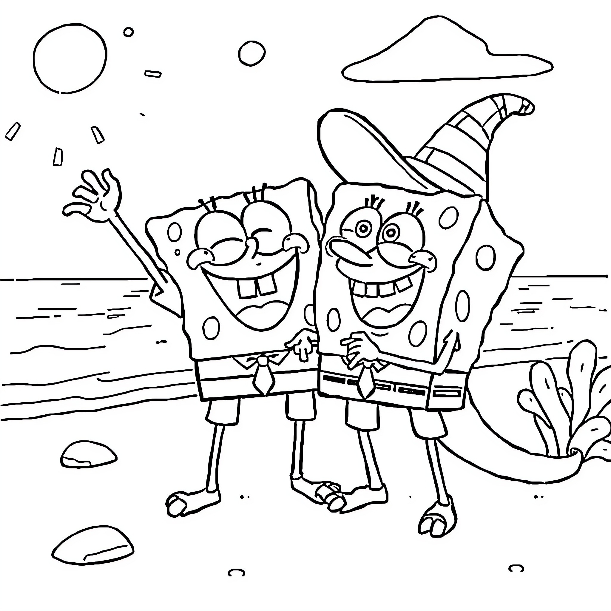 Spongebob and friends having a fun adventure Coloring Page (free black-and-white line drawing printable PDF for all, from beginners to advanced learners, including children, teens, adults, and seniors)