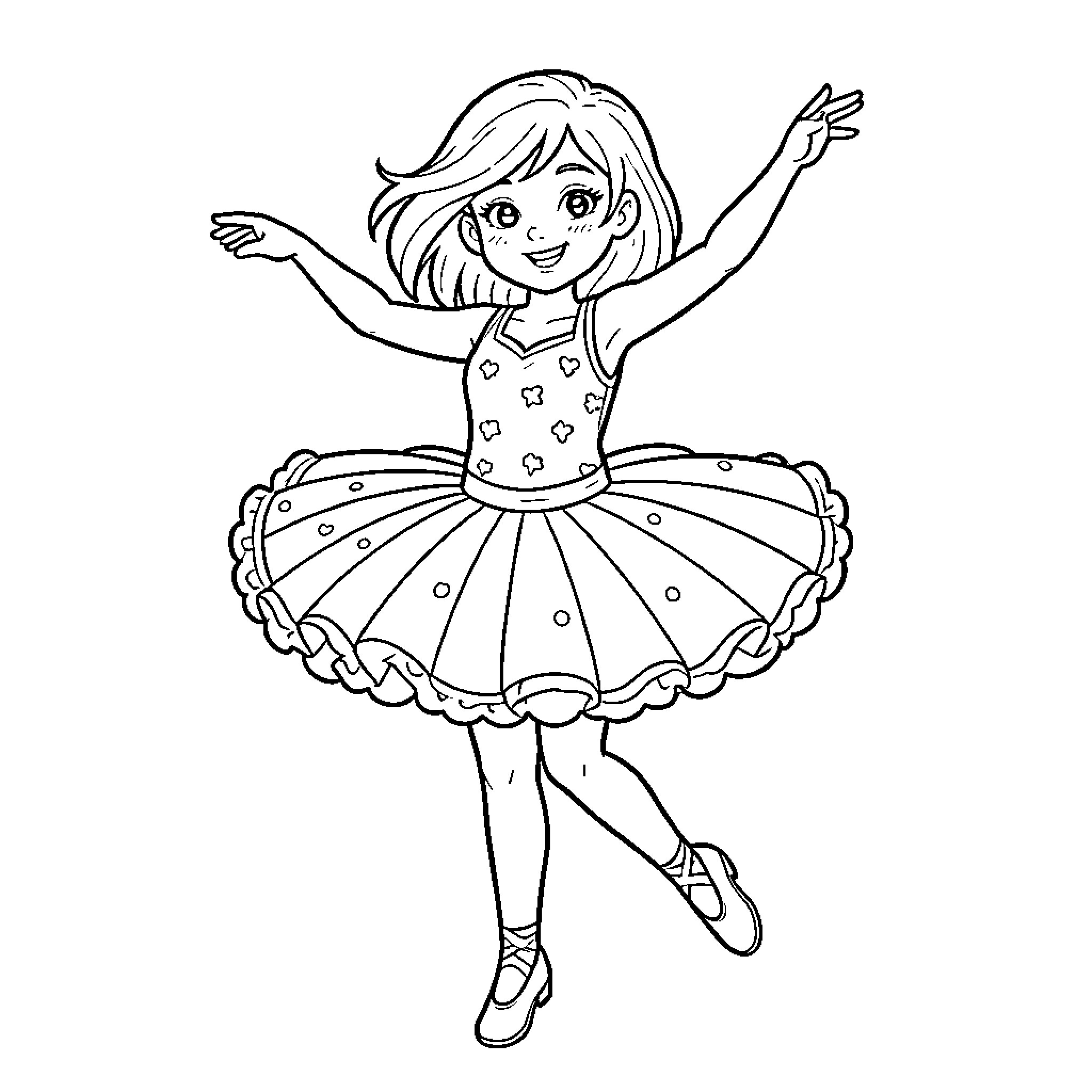 Ruby's Joyful Dance in Polka Dot Dress Coloring Page (free black-and-white line drawing printable PDF for all, from beginners to advanced learners, including children, teens, adults, and seniors)
