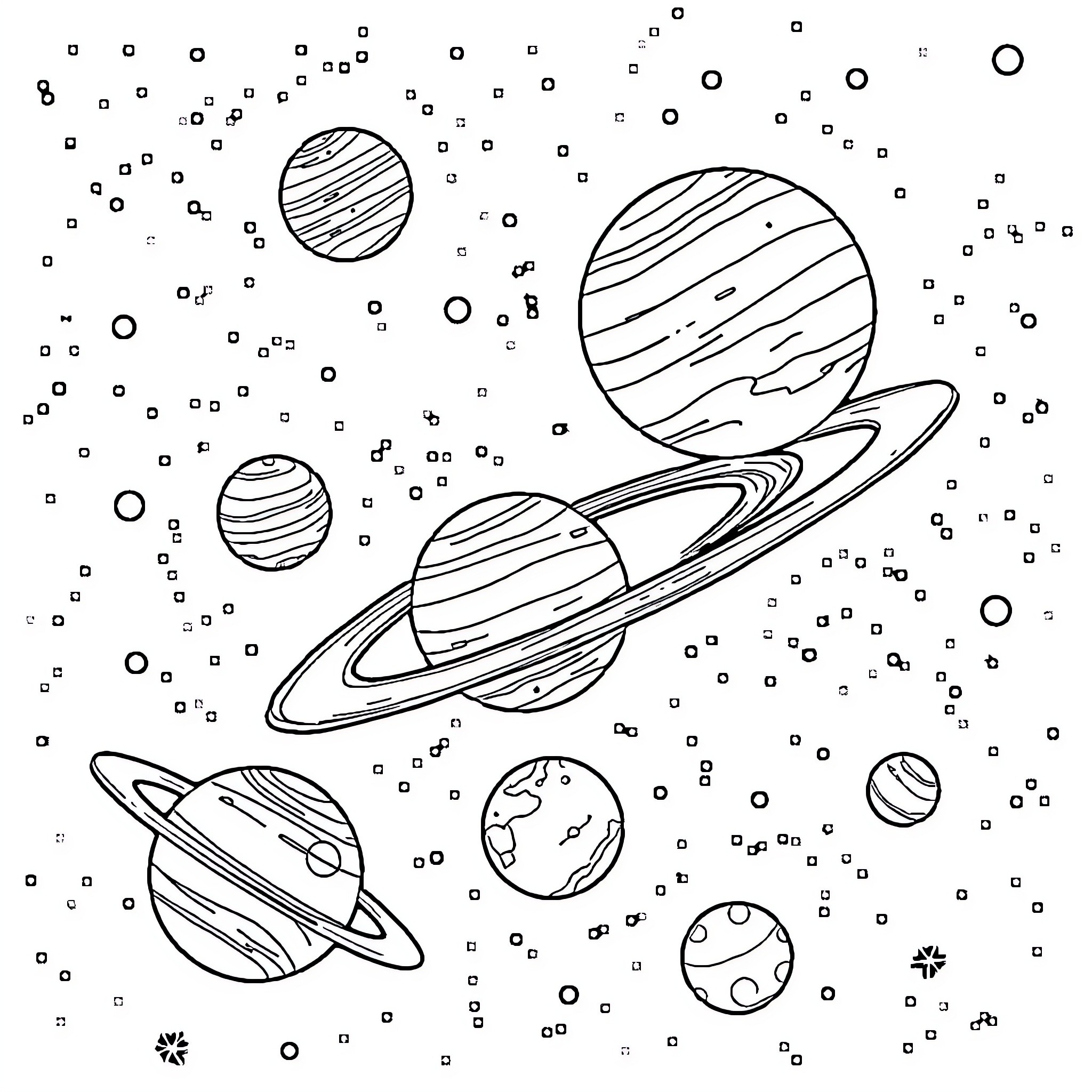 Planets and celestial bodies in the cosmos Coloring Page (free black-and-white line drawing printable PDF for all, from beginners to advanced learners, including children, teens, adults, and seniors)