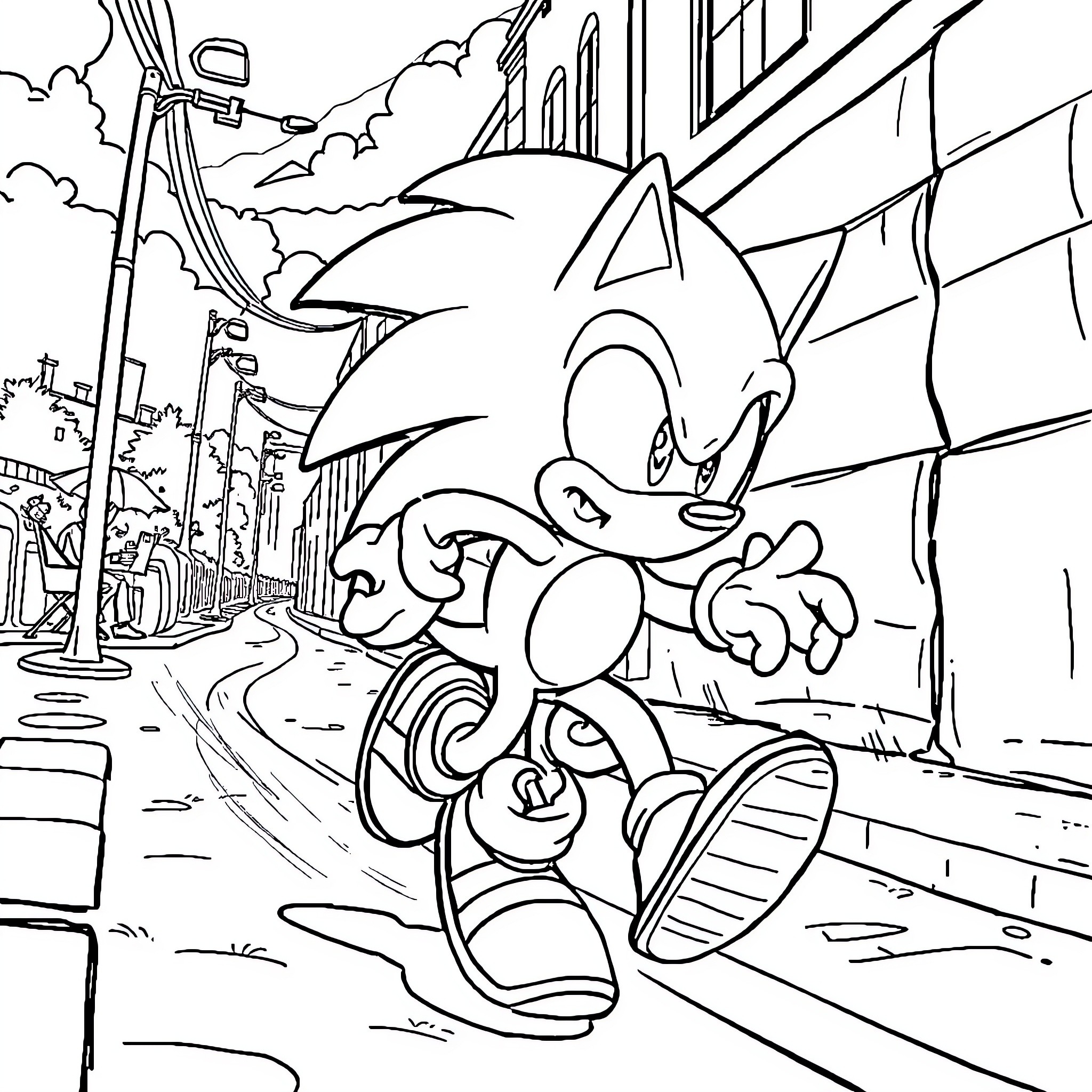 Sonic's Speedy Adventure in the City Coloring Page (free black-and-white line drawing printable PDF for all, from beginners to advanced learners, including children, teens, adults, and seniors)