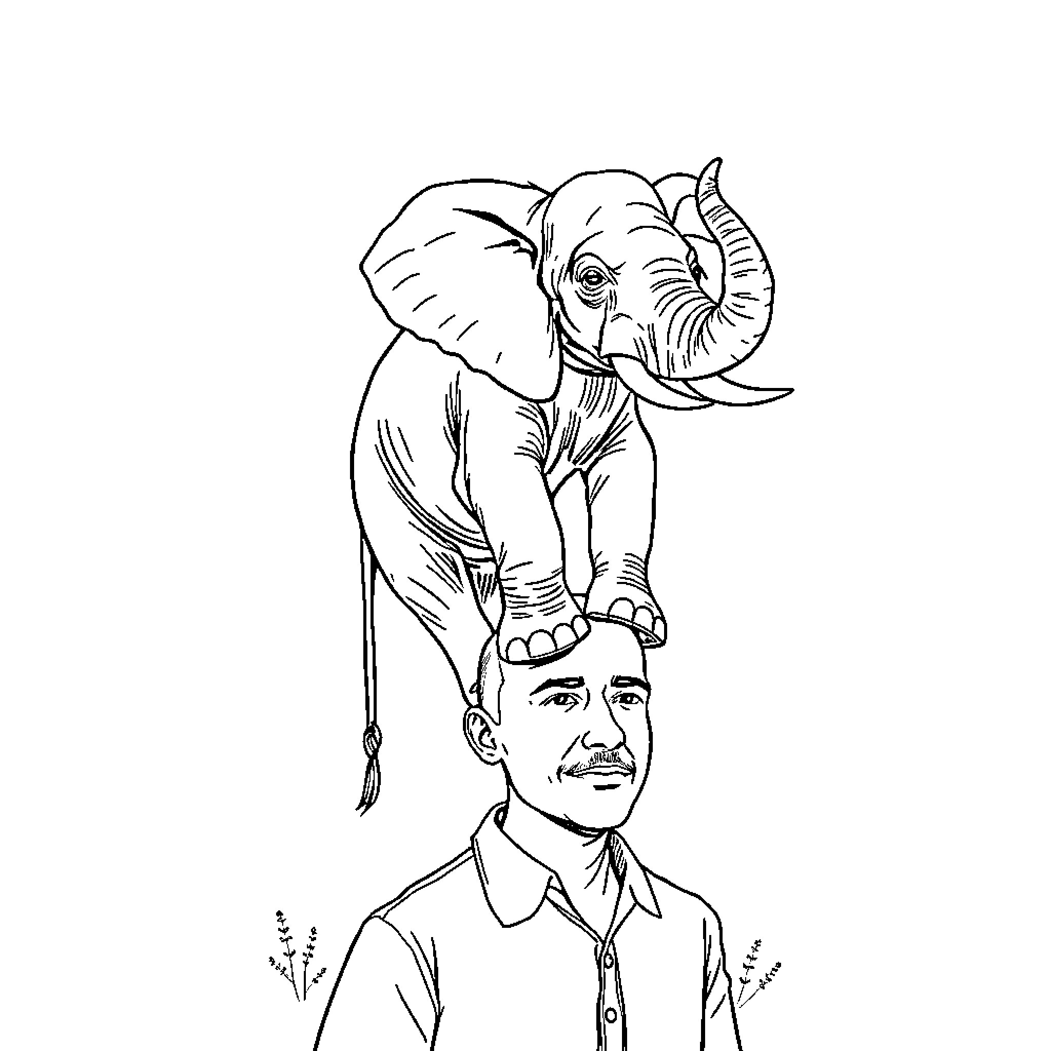 Elephant perched atop a person's head Coloring Page (free black-and-white line drawing printable PDF for all, from beginners to advanced learners, including children, teens, adults, and seniors)