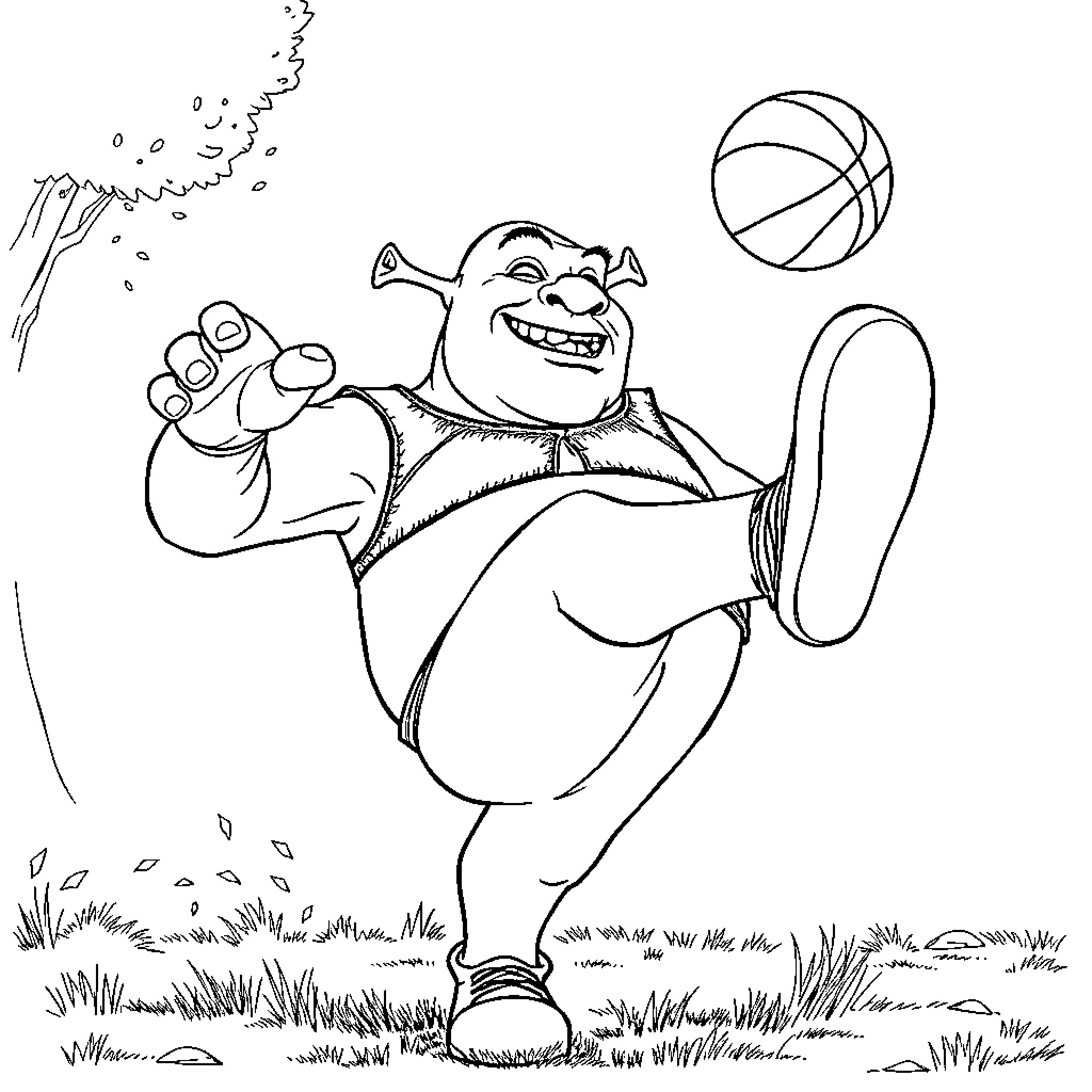 Shrek playing joyfully with basketball Coloring Page (free black-and-white line drawing printable PDF for all, from beginners to advanced learners, including children, teens, adults, and seniors)