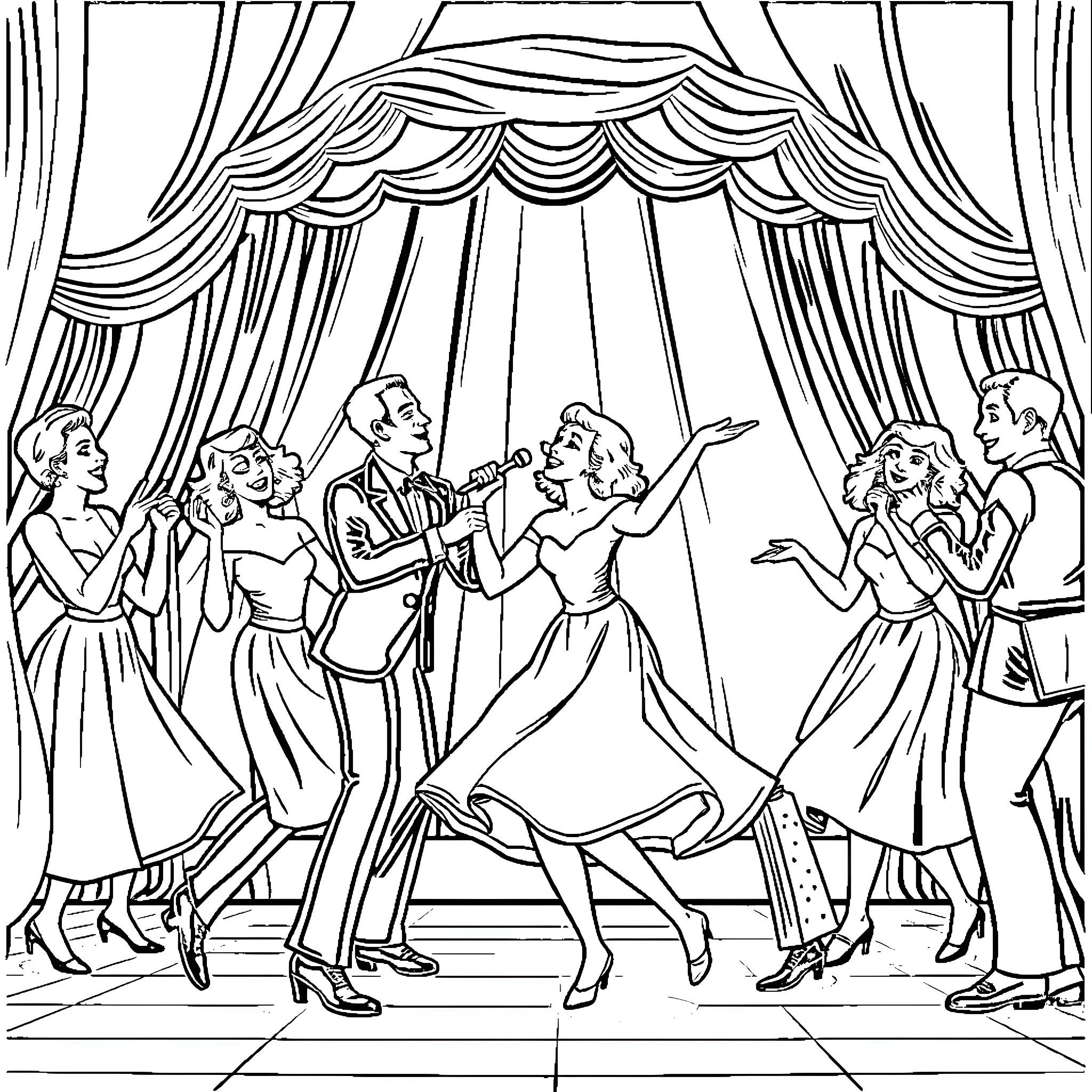 Musical Performance on Stage with Dancers Coloring Page (free black-and-white line drawing printable PDF for all, from beginners to advanced learners, including children, teens, adults, and seniors)