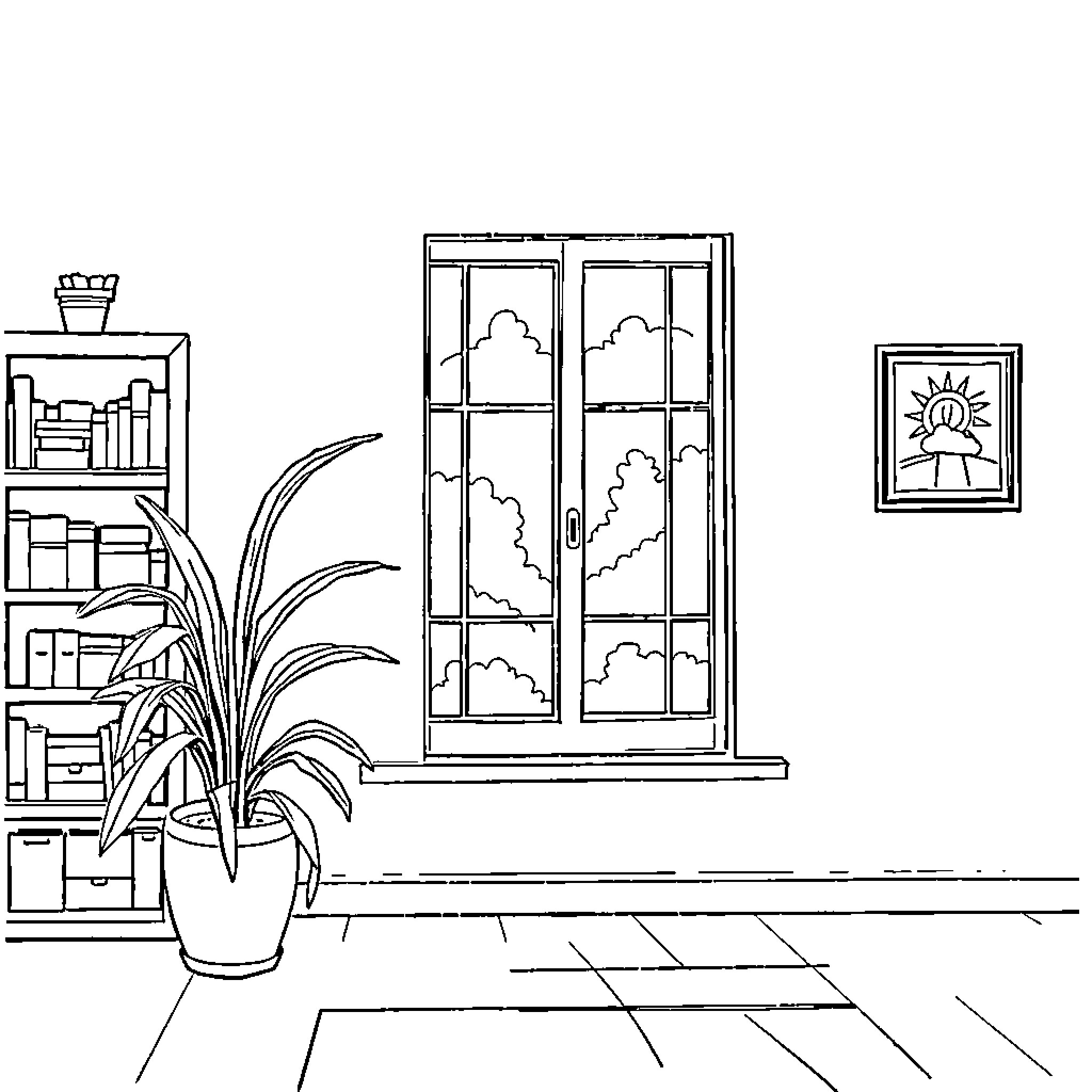 Light fills a cozy interior scene Coloring Page (free black-and-white line drawing printable PDF for all, from beginners to advanced learners, including children, teens, adults, and seniors)
