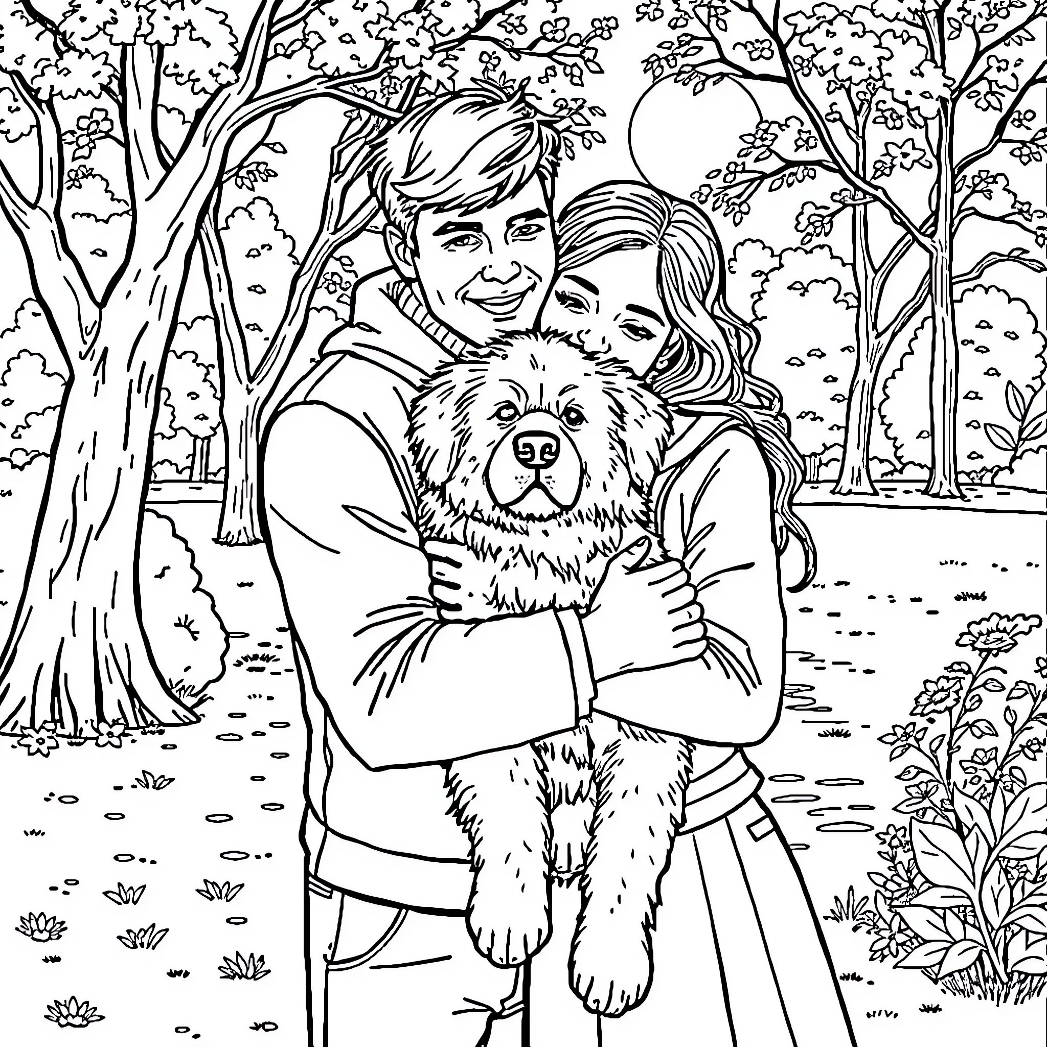 Dog with affectionate couple in serene forest Coloring Page (free black-and-white line drawing printable PDF for all, from beginners to advanced learners, including children, teens, adults, and seniors)