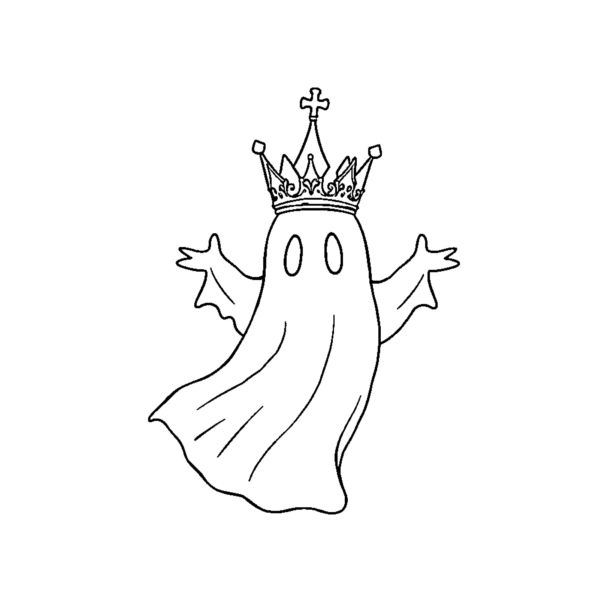 Ghost wearing a crown with outstretched arms Coloring Page (free black-and-white line drawing printable PDF for all, from beginners to advanced learners, including children, teens, adults, and seniors)