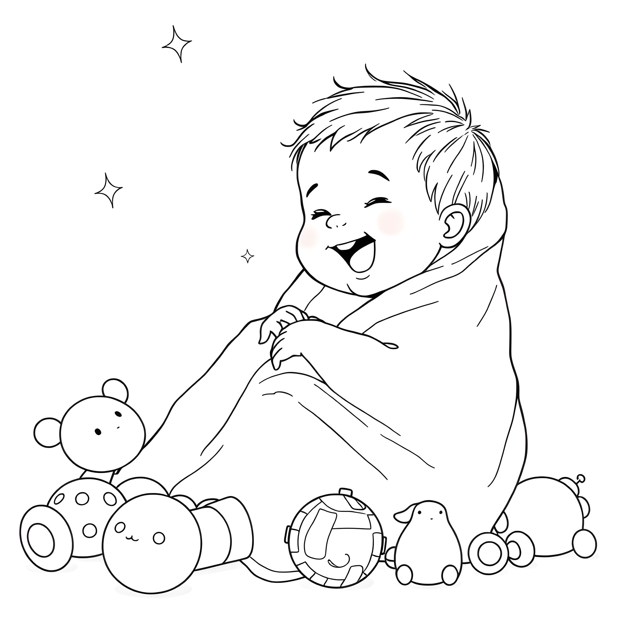 Baby playing happily with toys Coloring Page (free black-and-white line drawing printable PDF for all, from beginners to advanced learners, including children, teens, adults, and seniors)