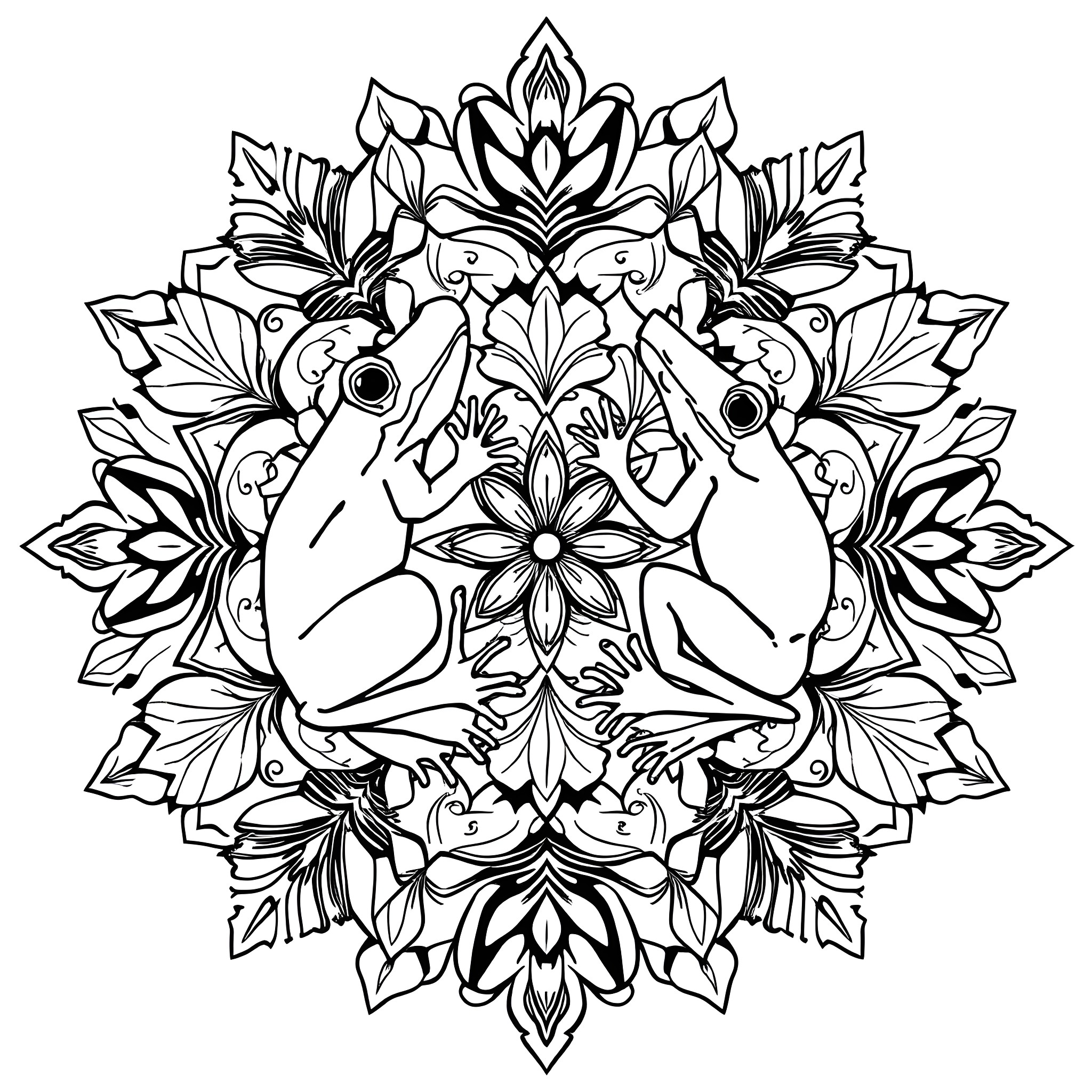 Frog pair surrounded by ornate floral elements Coloring Page (free black-and-white line drawing printable PDF for all, from beginners to advanced learners, including children, teens, adults, and seniors)