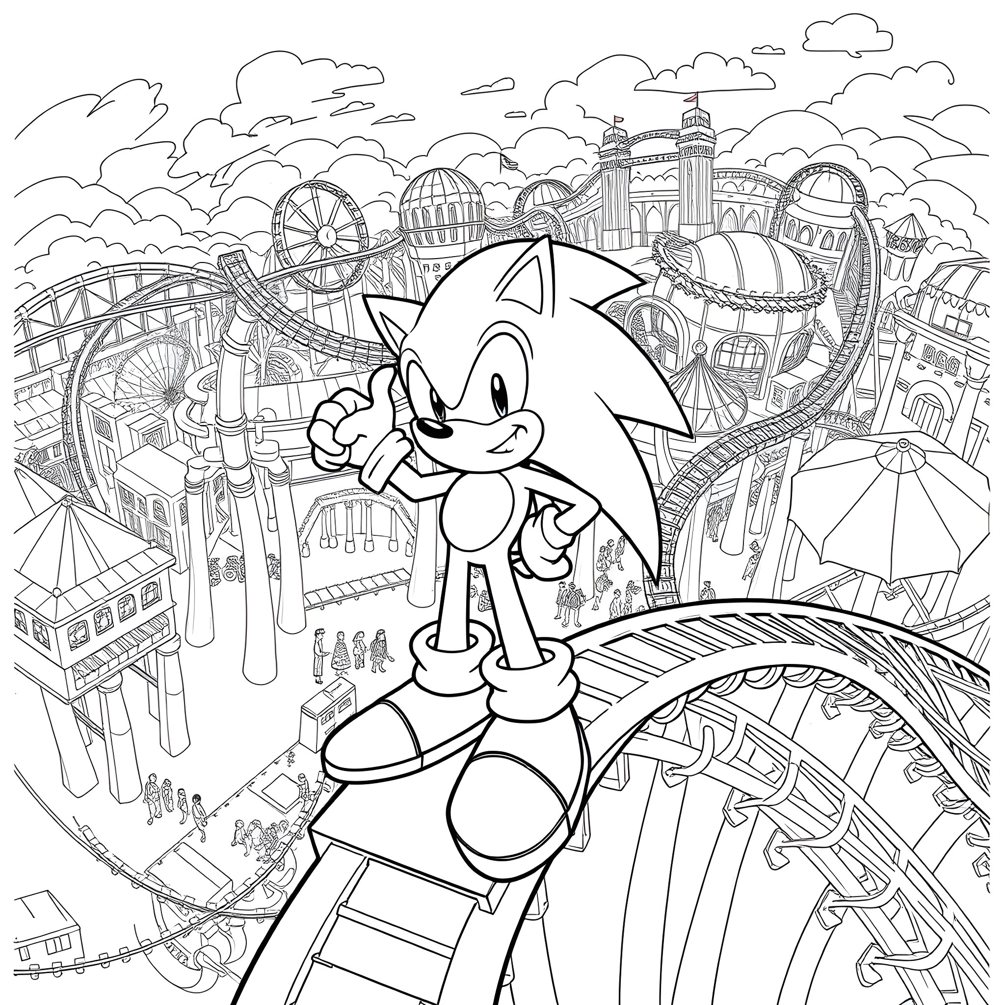 Sonic's Thrilling Amusement Park Adventure Coloring Page (free black-and-white line drawing printable PDF for all, from beginners to advanced learners, including children, teens, adults, and seniors)