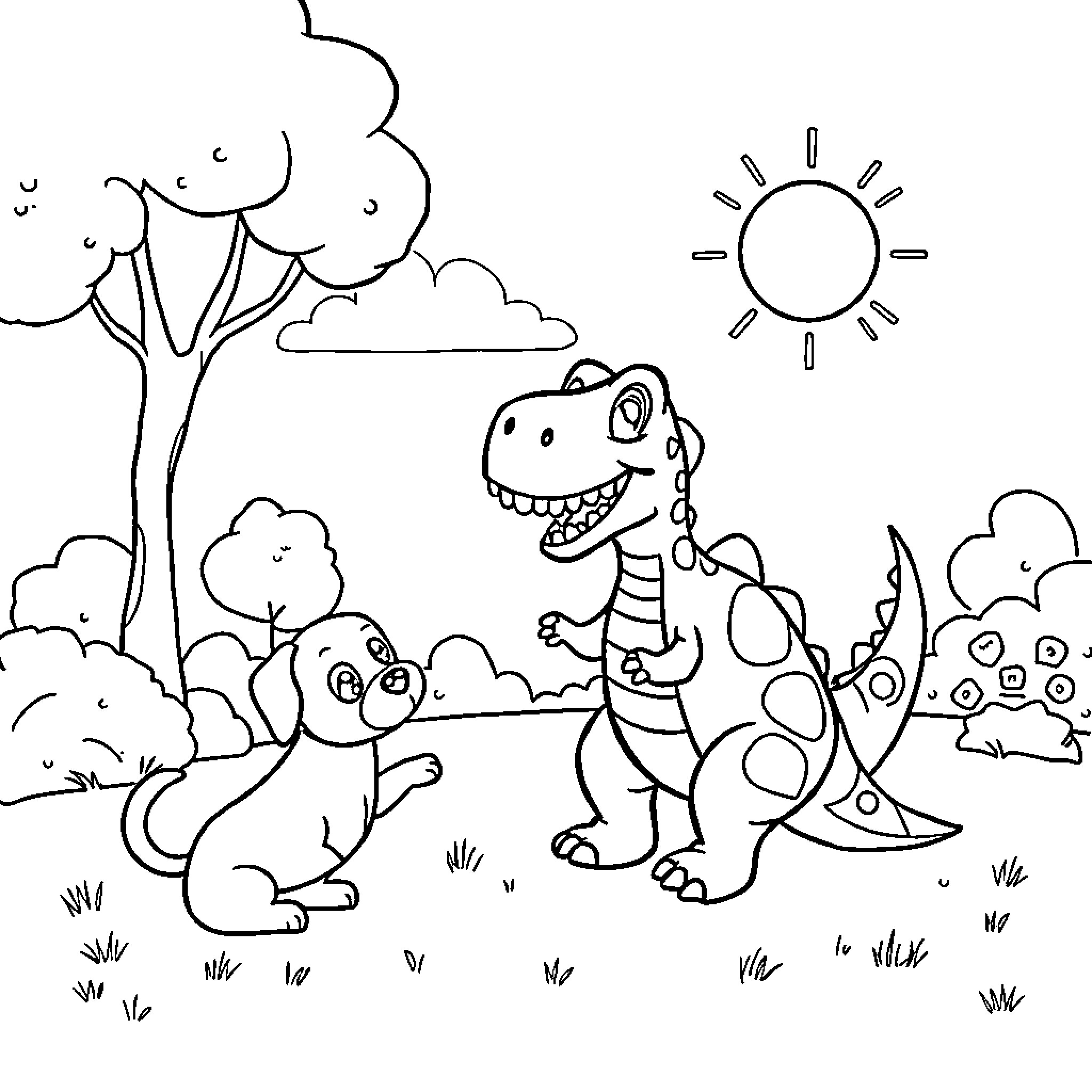 Dinosaurs playing happily in the outdoor scene Coloring Page (free black-and-white line drawing printable PDF for all, from beginners to advanced learners, including children, teens, adults, and seniors)