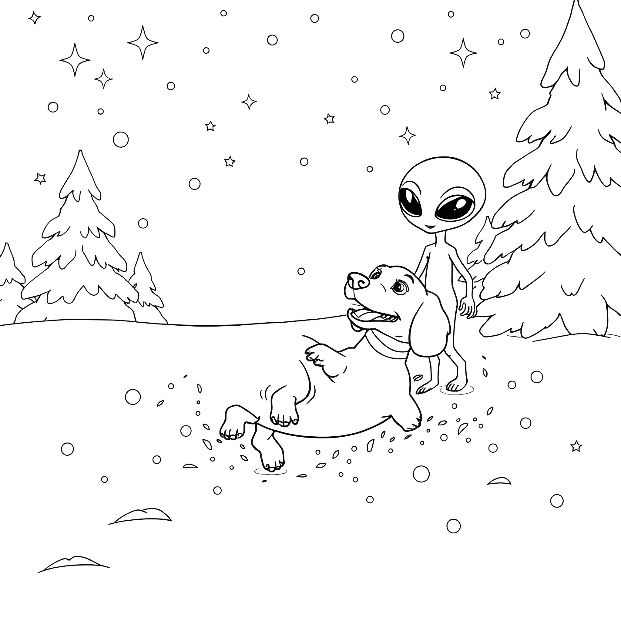 Dachshund playing in a snowy winter landscape Coloring Page (free black-and-white line drawing printable PDF for all, from beginners to advanced learners, including children, teens, adults, and seniors)