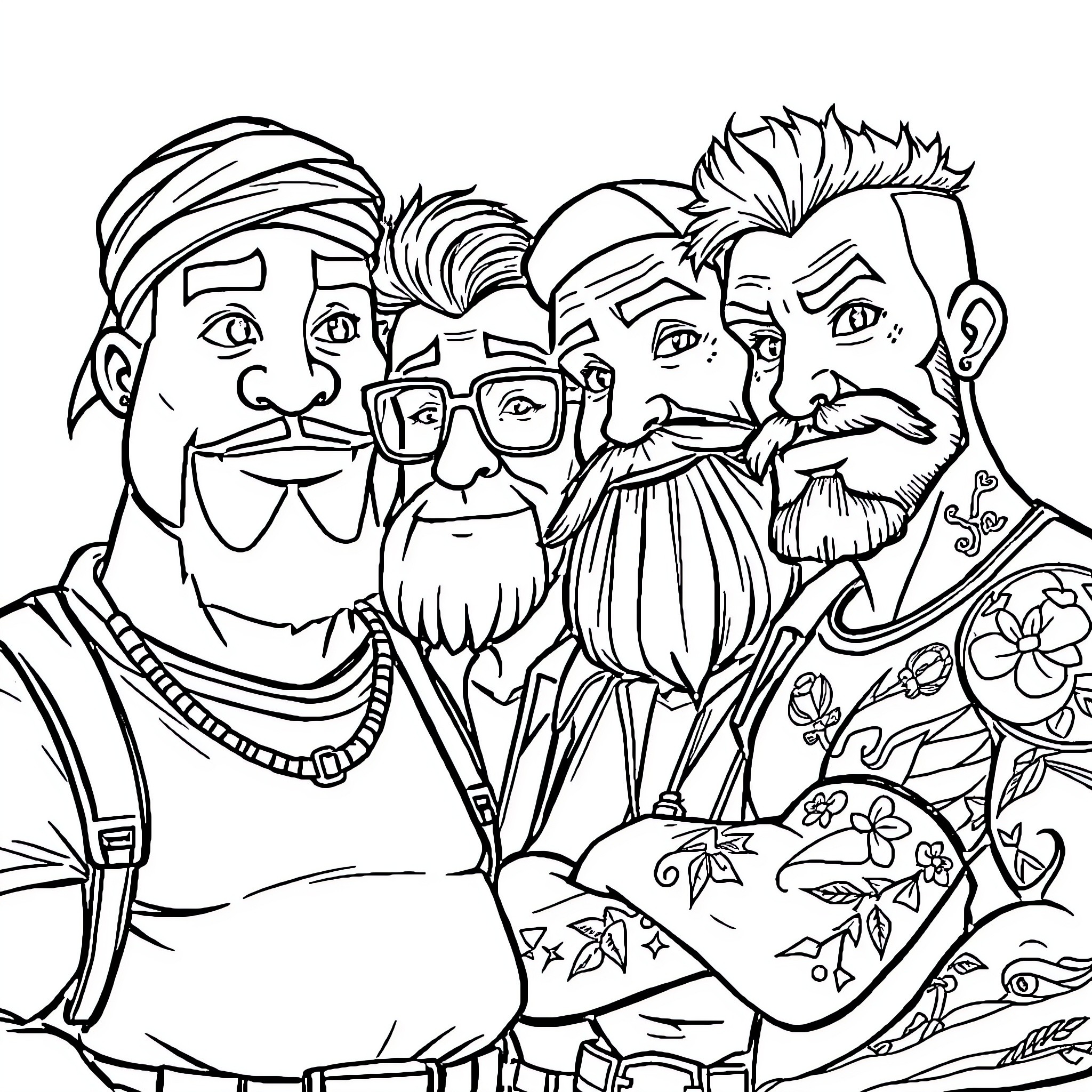 Superhero Brothers Sharing Comical Expressions Coloring Page (free black-and-white line drawing printable PDF for all, from beginners to advanced learners, including children, teens, adults, and seniors)