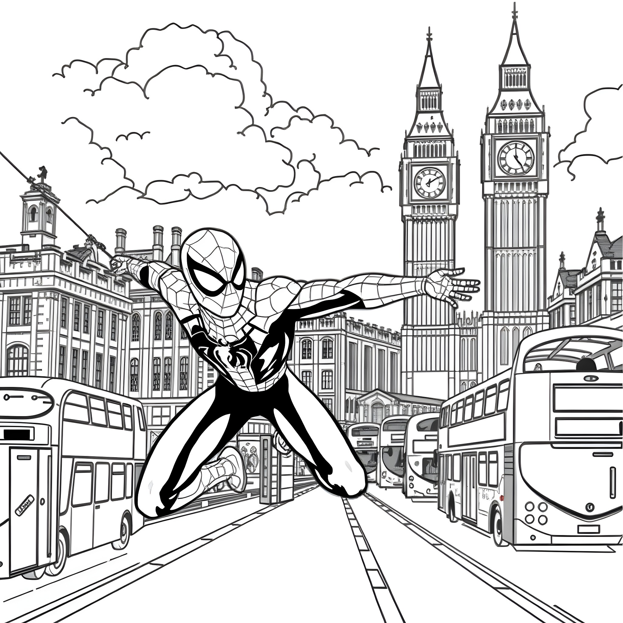 Spidey swinging through the city streets Coloring Page (free black-and-white line drawing printable PDF for all, from beginners to advanced learners, including children, teens, adults, and seniors)
