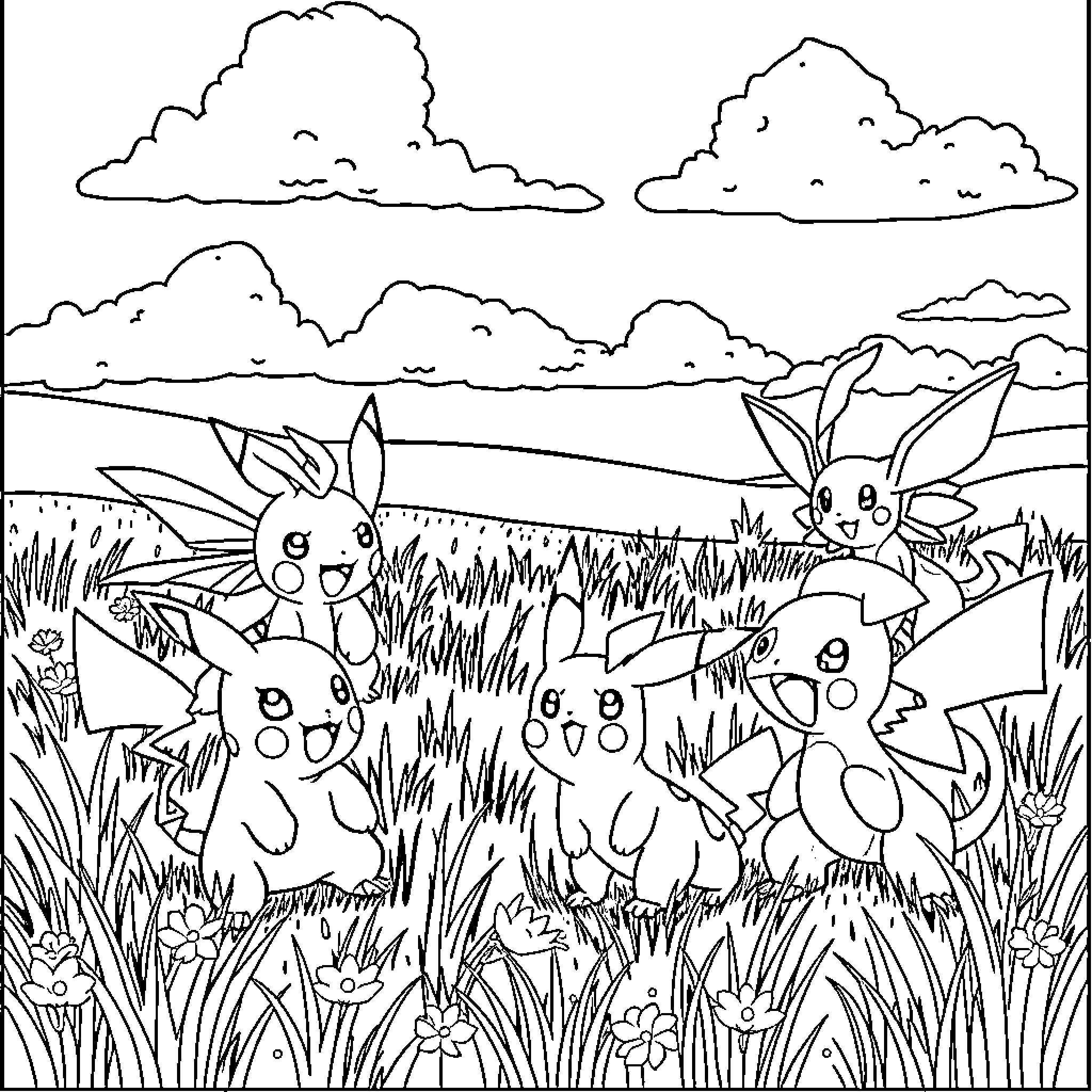 Pokémon Bunnies Frolicking in a Field Coloring Page (free black-and-white line drawing printable PDF for all, from beginners to advanced learners, including children, teens, adults, and seniors)