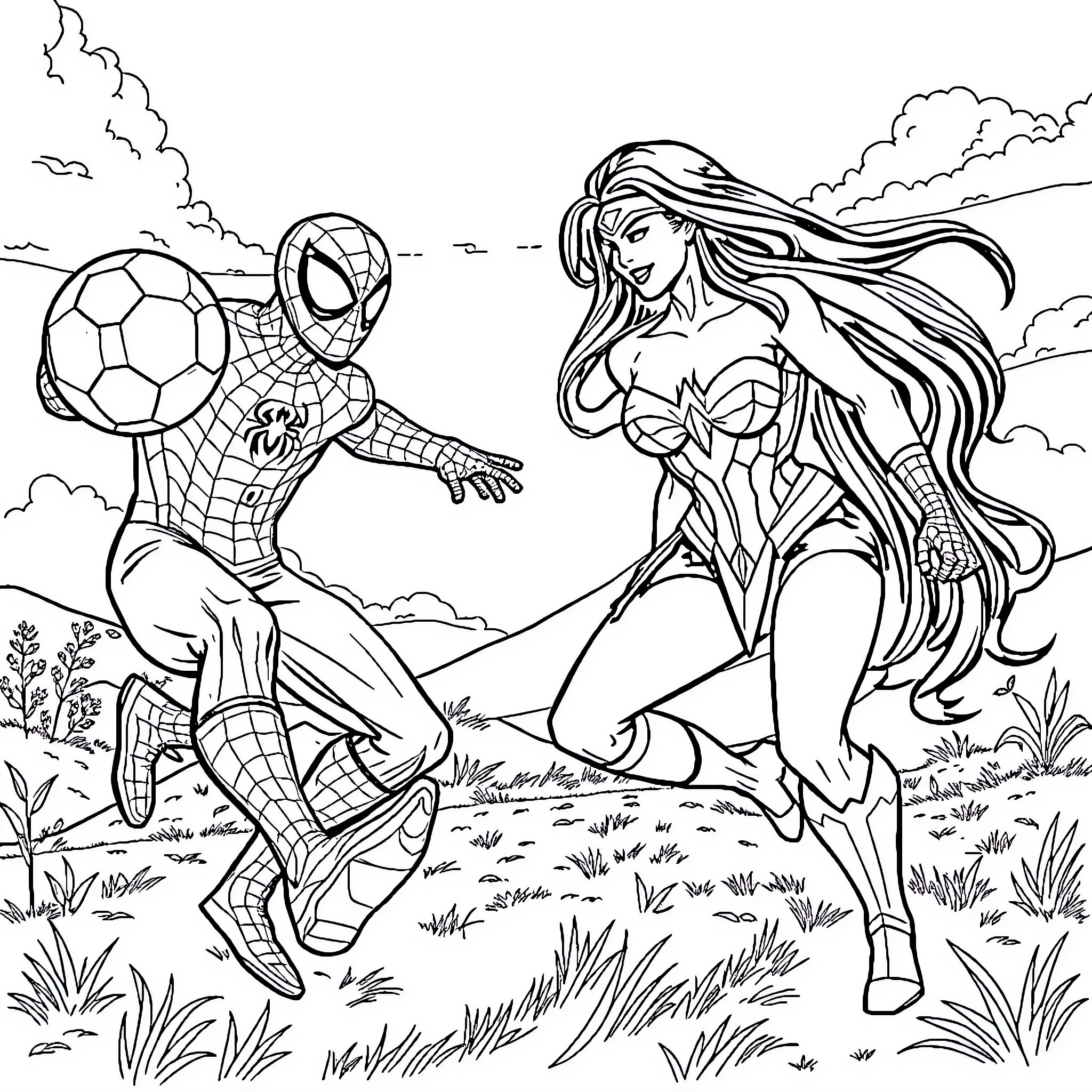 Spiderman and Wonder Woman soccer match in the meadow Coloring Page (free black-and-white line drawing printable PDF for all, from beginners to advanced learners, including children, teens, adults, and seniors)
