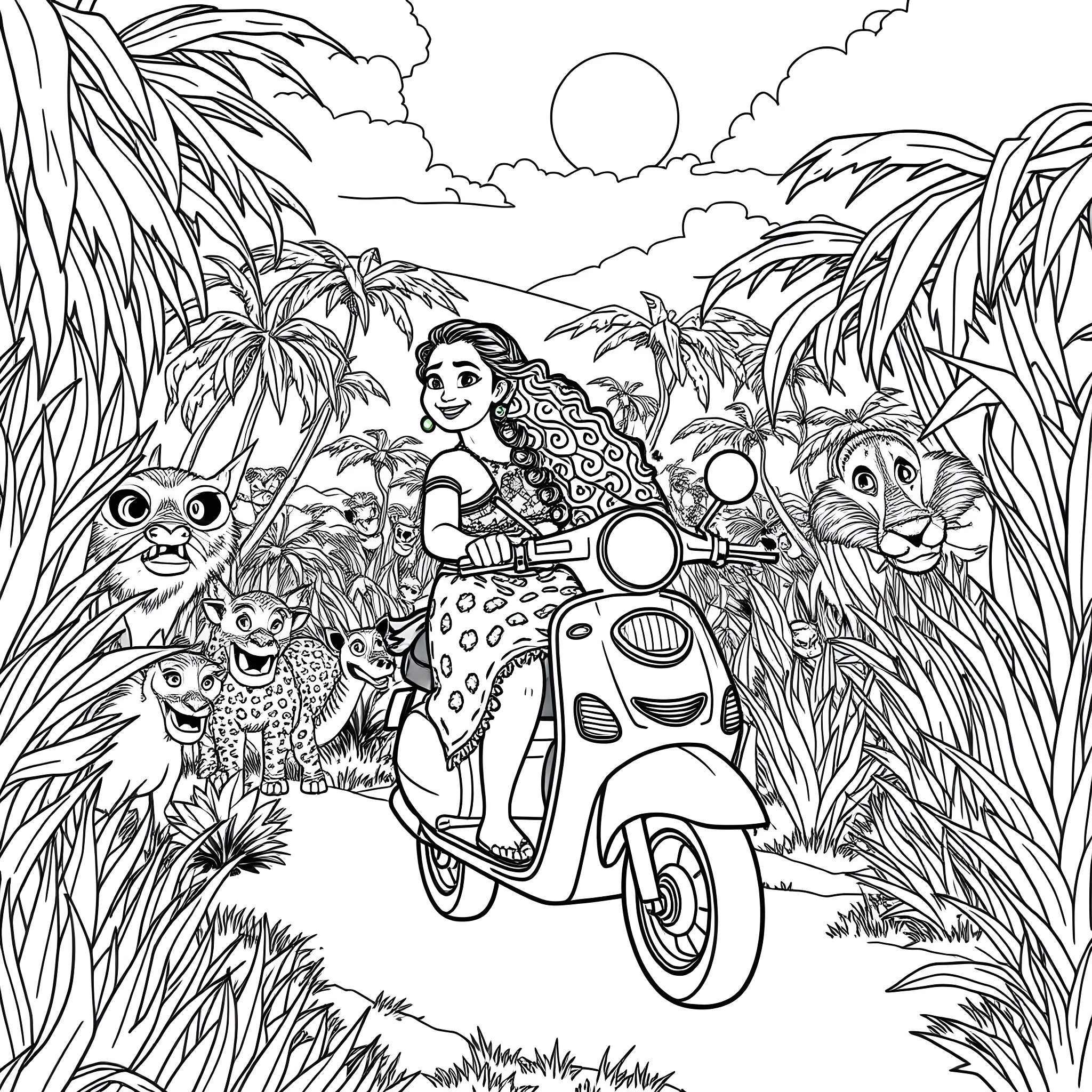 Moana's Tropical Adventure on a Scooter Coloring Page (free black-and-white line drawing printable PDF for all, from beginners to advanced learners, including children, teens, adults, and seniors)